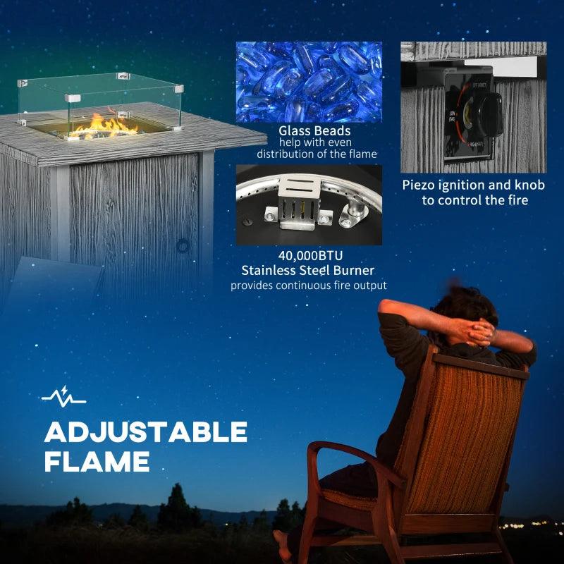 Outsunny 40,000 BTU Gas Fire Pit Table with Cover, Glass Screen, and Glass Beads - Grey Outdoor Propane Firepit - ALL4U RETAILER LTD