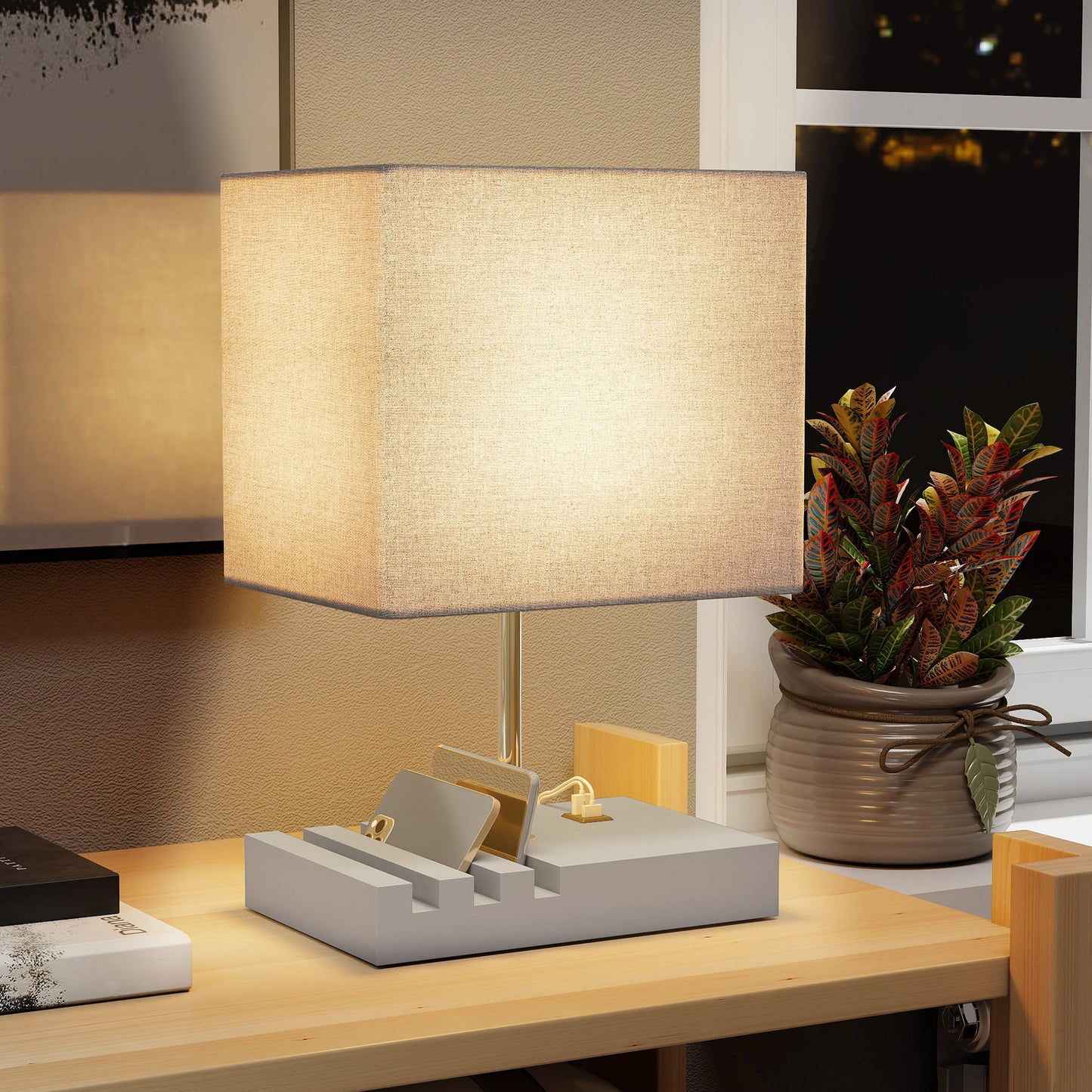 HOMCOM Bedside Lamp With USB A And USB C Ports Three Phone Stands E27 Socket Solid Wood Base Fabric Shade Grey