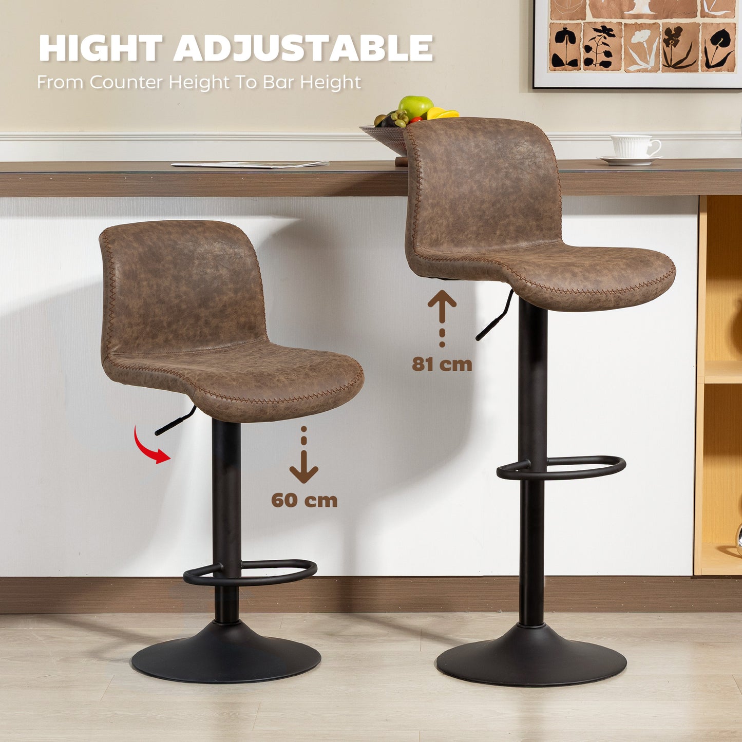 HOMCOM Bar Stools Set of 2 PU Leather Bar Stools with Backrest and Footrest for Kitchen Counter Breakfast Bar Brown