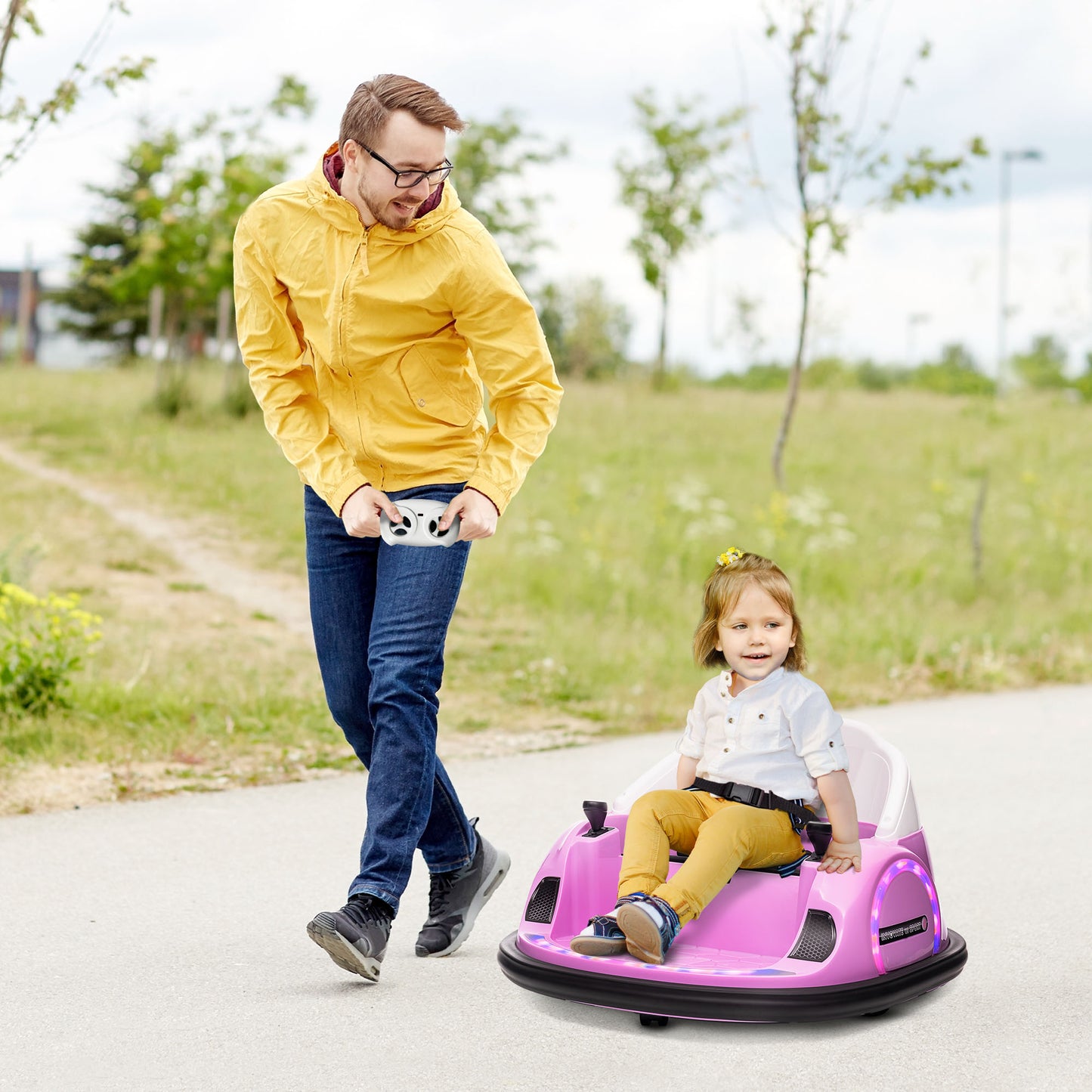 AIYAPLAY 360° Rotating Kids Bumper Car with Remote Control, Dual Joysticks, and LED Music Lights - Pink