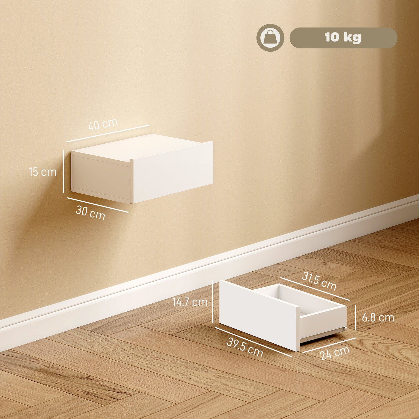 HOMCOM Floating Bedside Table Set Of 2 White Wall Mounted Nightstands With Storage Drawers
