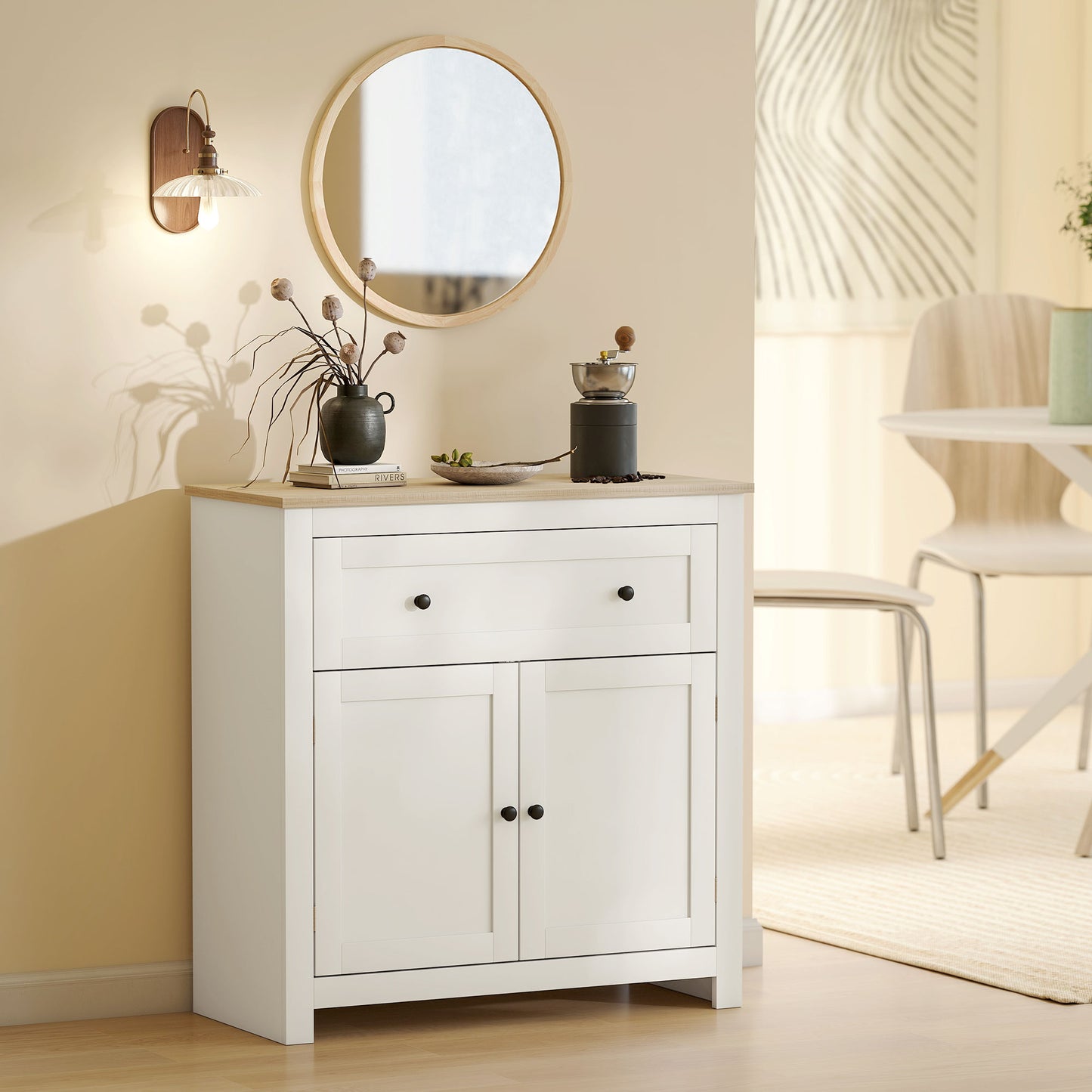 HOMCOM Cream White Sideboard Storage Cabinet With Adjustable Shelf Drawer And Double Doors For Kitchen Dining Living