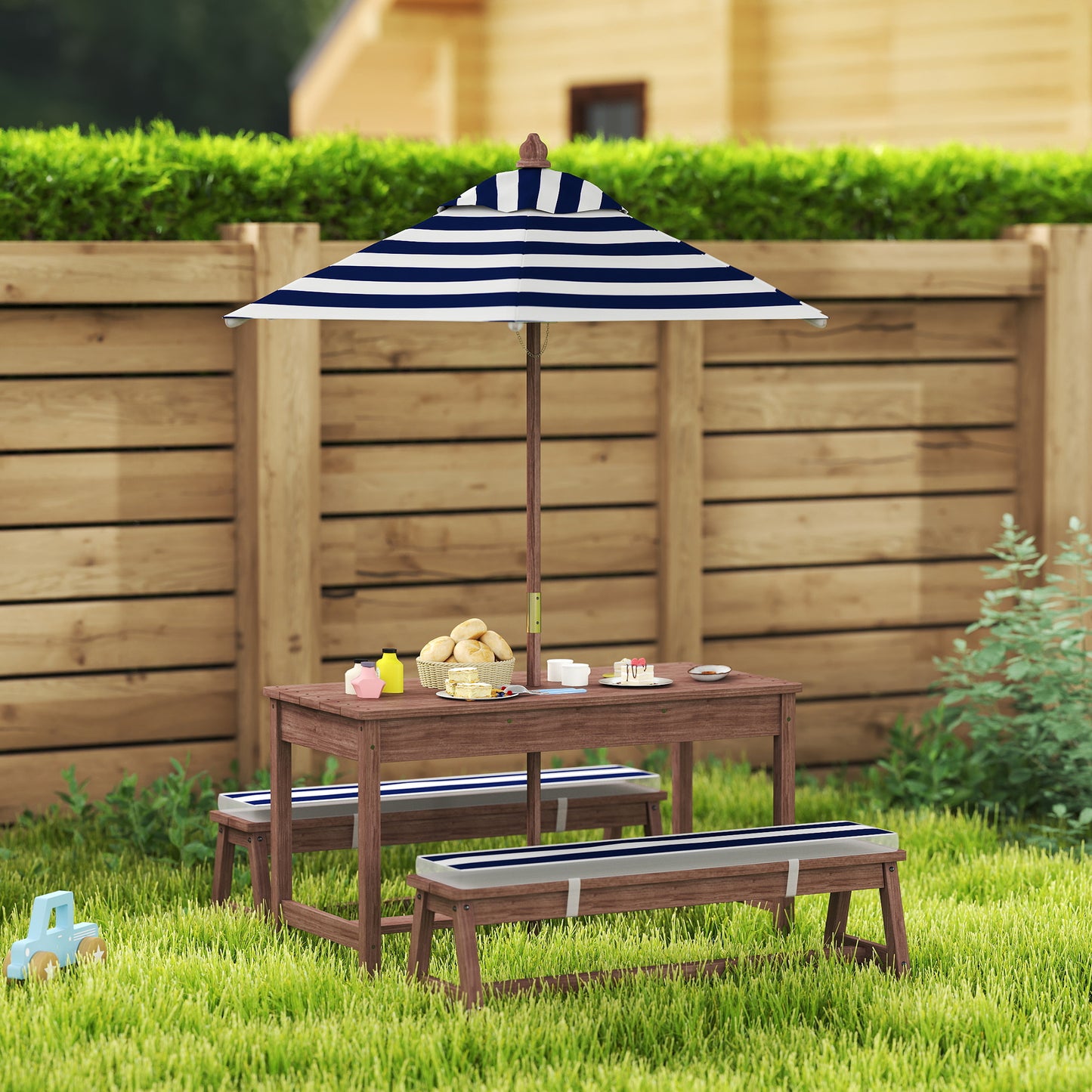 AIYAPLAY Outdoor Wooden Kids Picnic Table Bench Set With Cushions And Umbrella Navy Blue For Patio Garden Seats Four