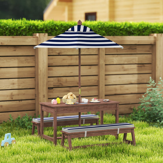 AIYAPLAY Outdoor Wooden Kids Picnic Table Bench Set With Cushions And Umbrella Navy Blue For Patio Garden Seats Four