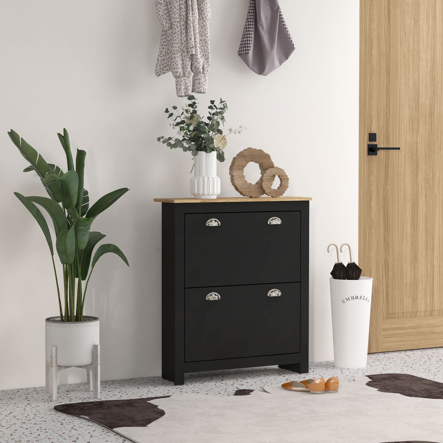 Homcom 2 Drawer Shoe Cabinet Modern Narrow Hallway Cupboard With Flip Doors Adjustable Shelves For 6 To 12 Pairs Black