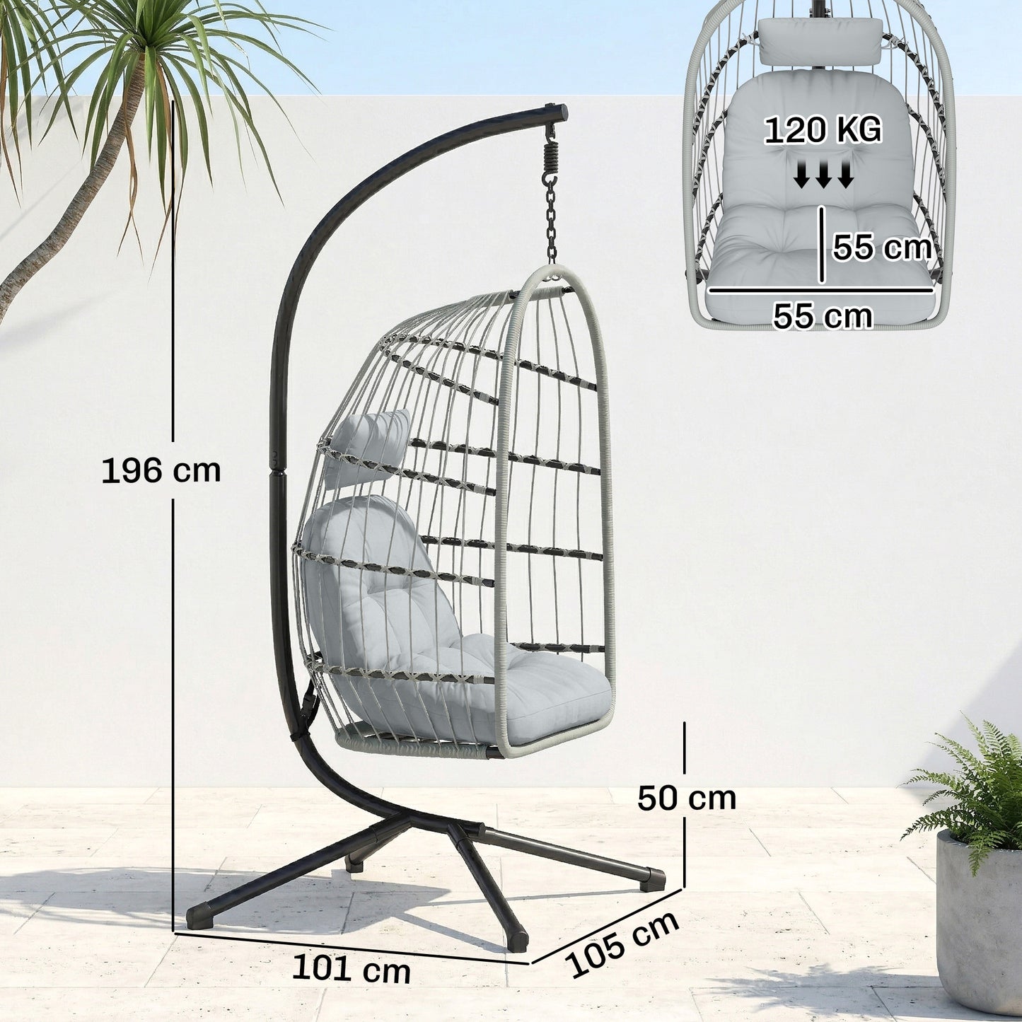 Outsunny Hanging Egg Chair With Stand Indoor Outdoor Hammock Swing Chair Safety Strap Foldable Basket Light Grey