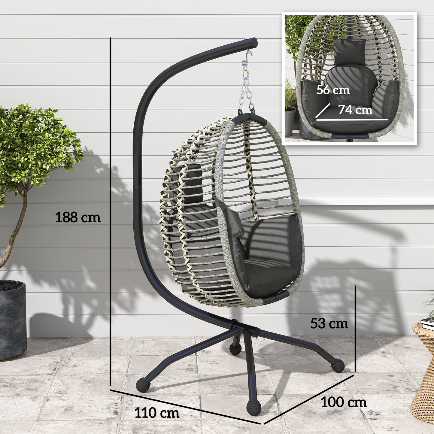 Outsunny Outdoor Hanging Egg Chair With Thick Padded Cushion And Metal Stand Foldable Basket Cup Holder