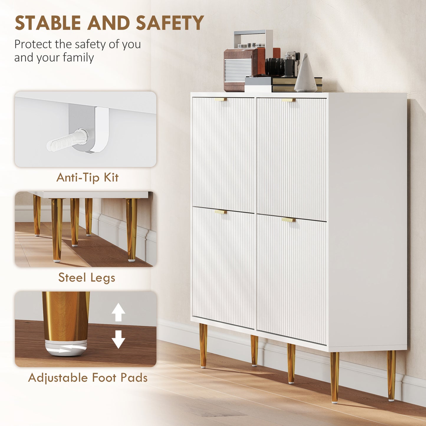 HOMCOM Elegant Four Drawer Shoe Cabinet In White With Ridged Front Doors Gold Accents And Adjustable Shelves