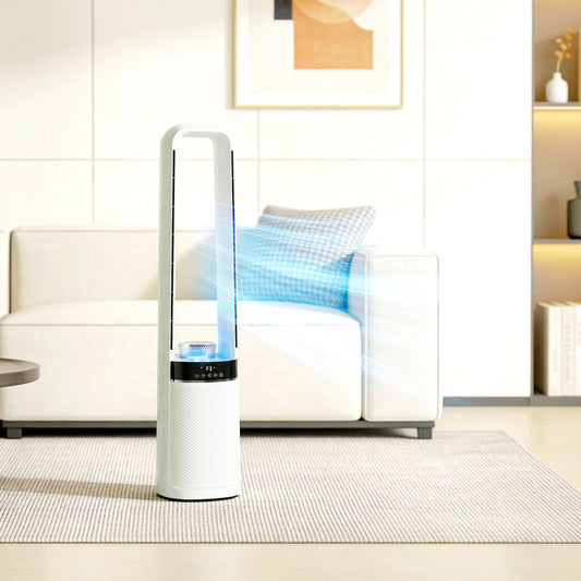 HOMCOM Bladeless Tower Fan 36dB Quiet Oscillating Cooling Fan With LED Lights 3 Speeds 12H Timer Remote Control
