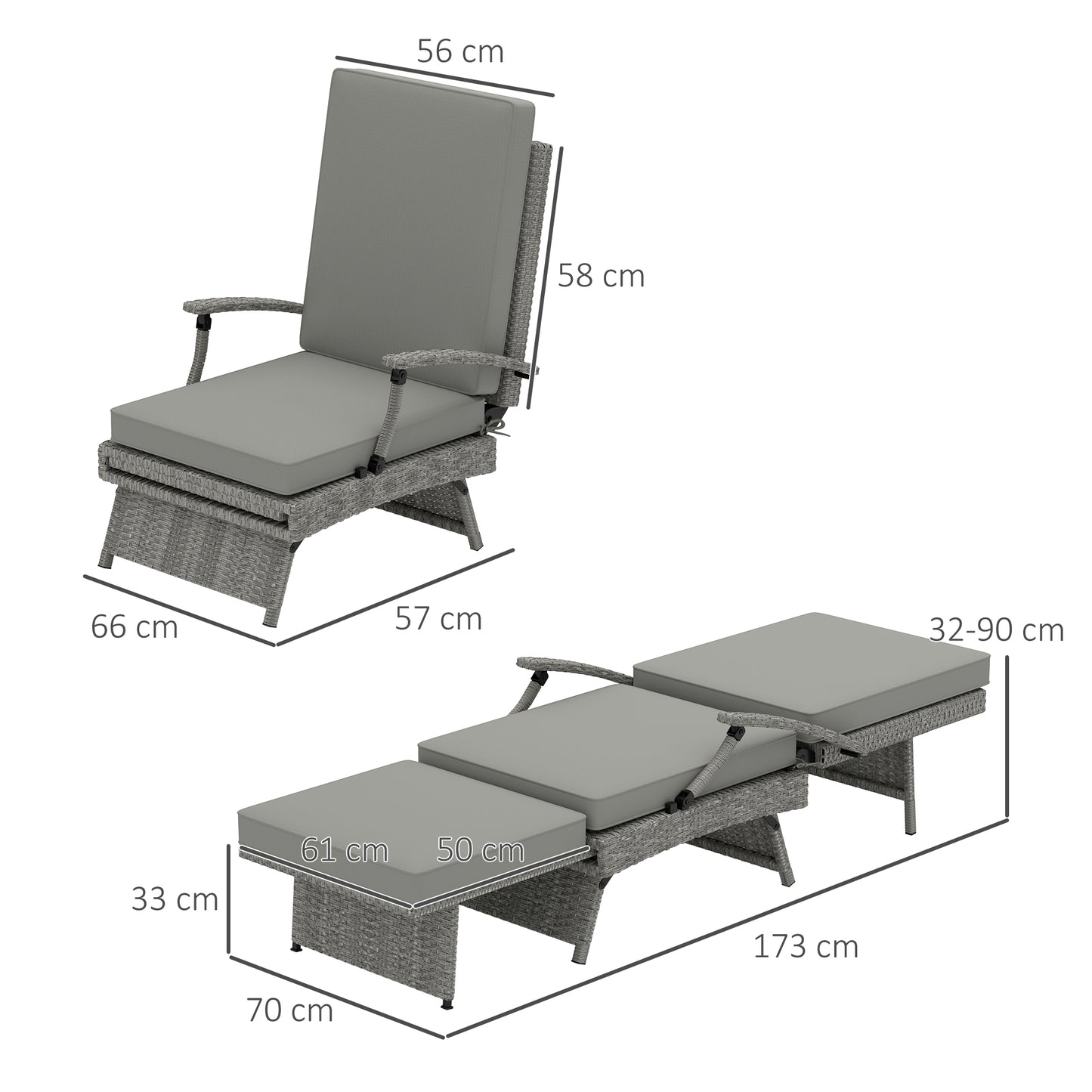 Outsunny 80 Degree Reclining Rattan Lounger With Adjustable Backrest And Footrest Grey Garden Chair