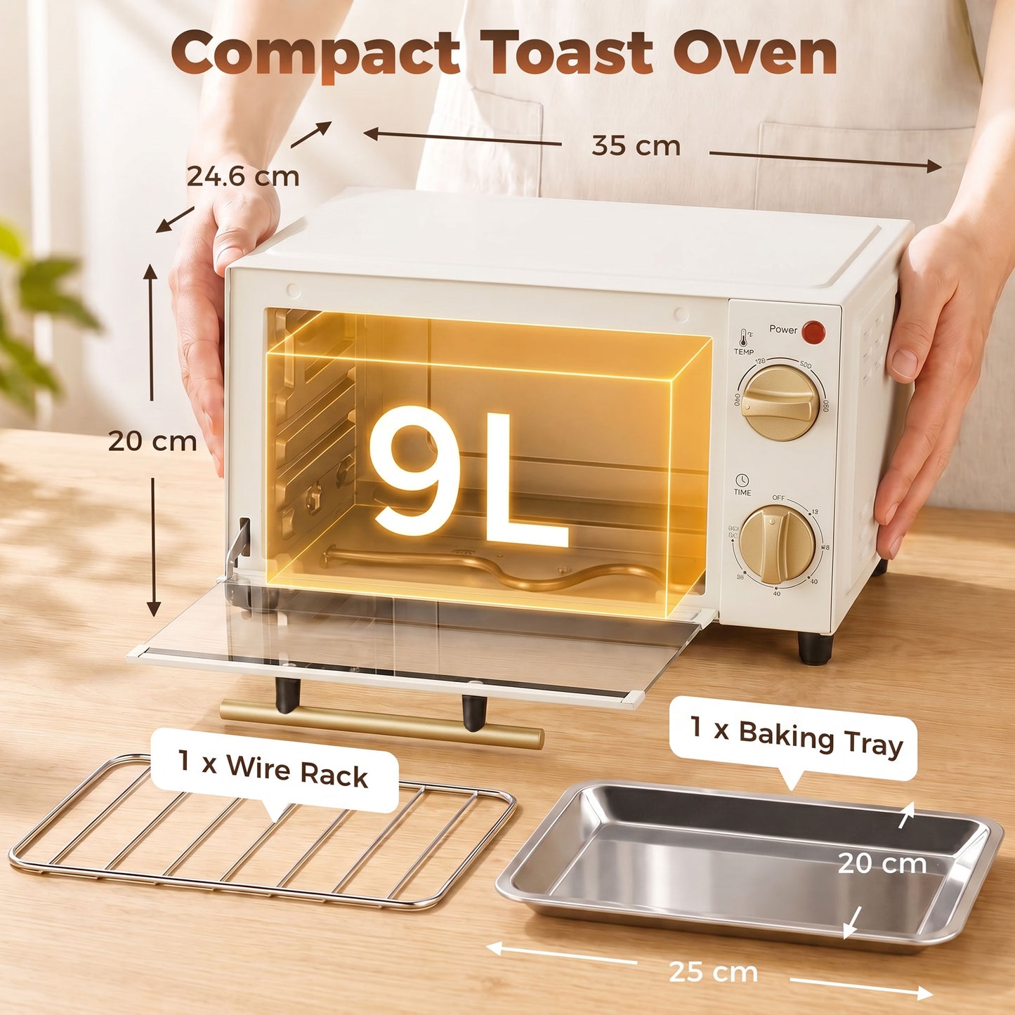HOMCOM 9L Mini Toaster Oven With Adjustable Temperature And Timer 750W White Includes Wire Rack And Tray