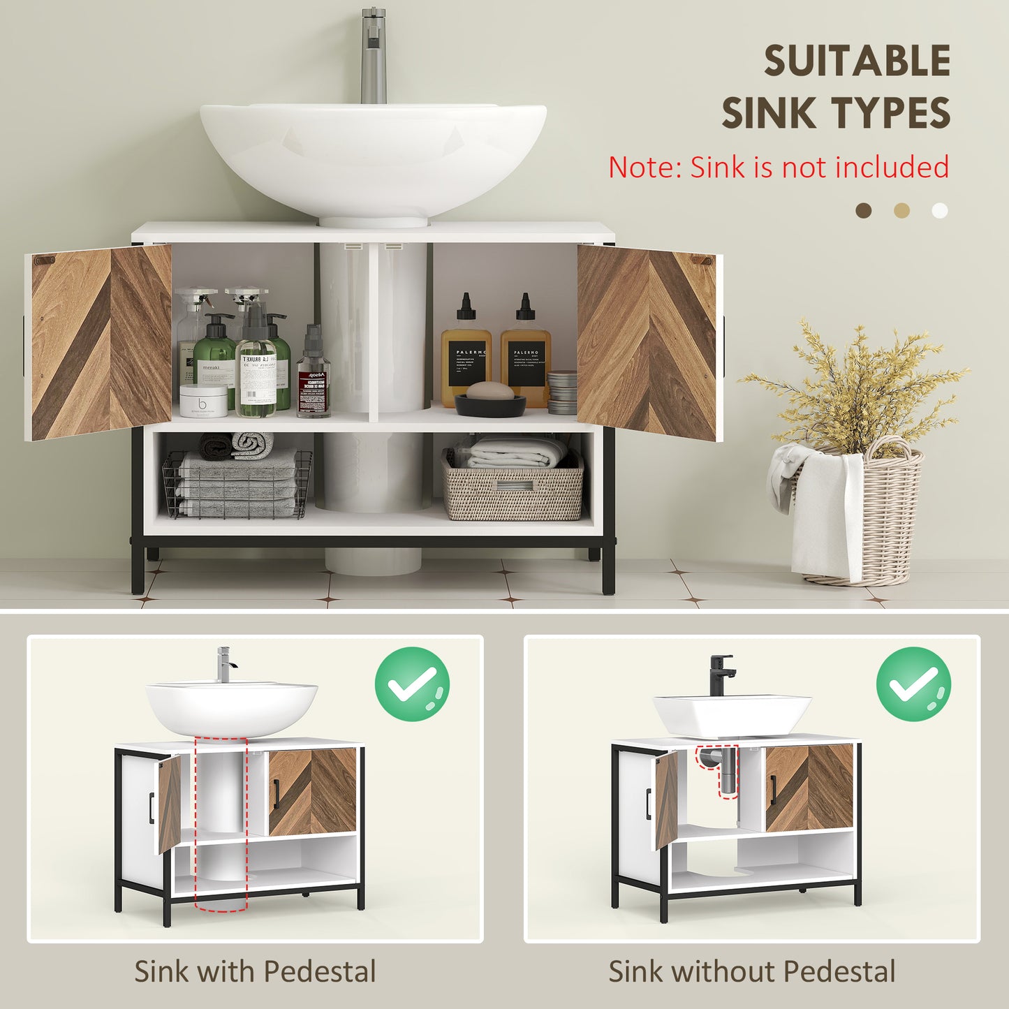 HOMCOM Rustic Under Sink Cabinet With Herringbone Doors Open Compartment For Basin Cream White 80x40x60cm