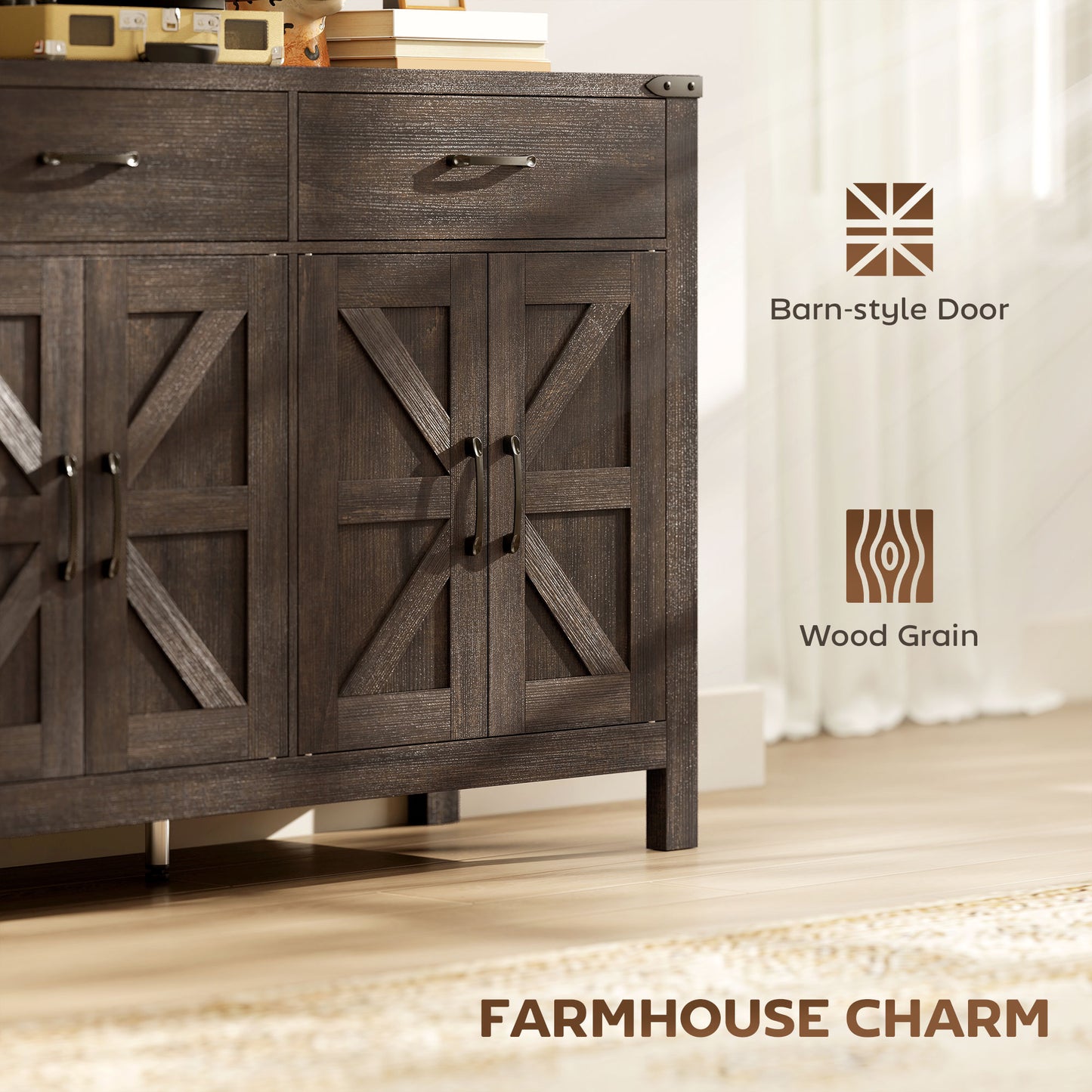HOMCOM Kitchen Cupboard Sideboard With 4 Doors And 2 Drawers, 2 Adjustable Shelves, Dark Brown Farmhouse Cabinet