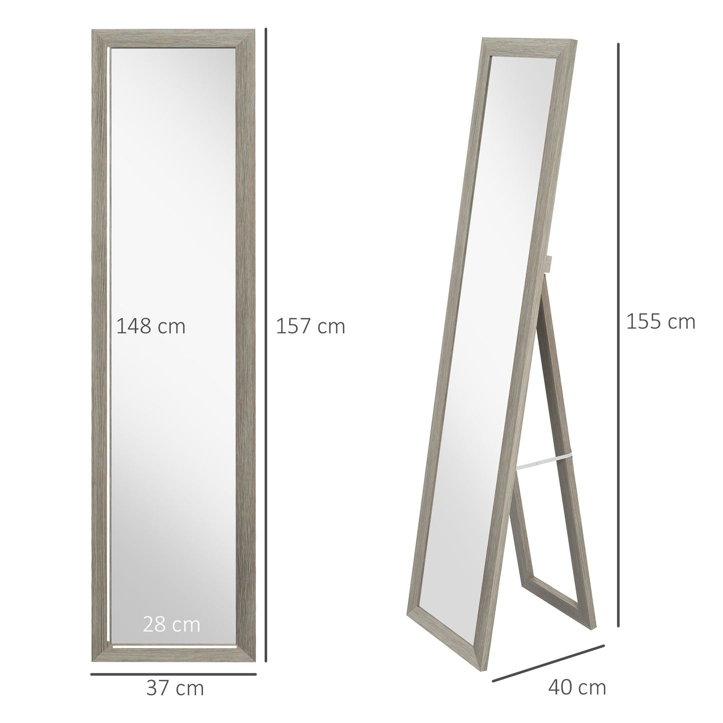 HOMCOM Full Length Mirror 37 X 157 cm Rectangular Full Body Mirror Grey Living Room And Bedroom Hanging Or Freestanding