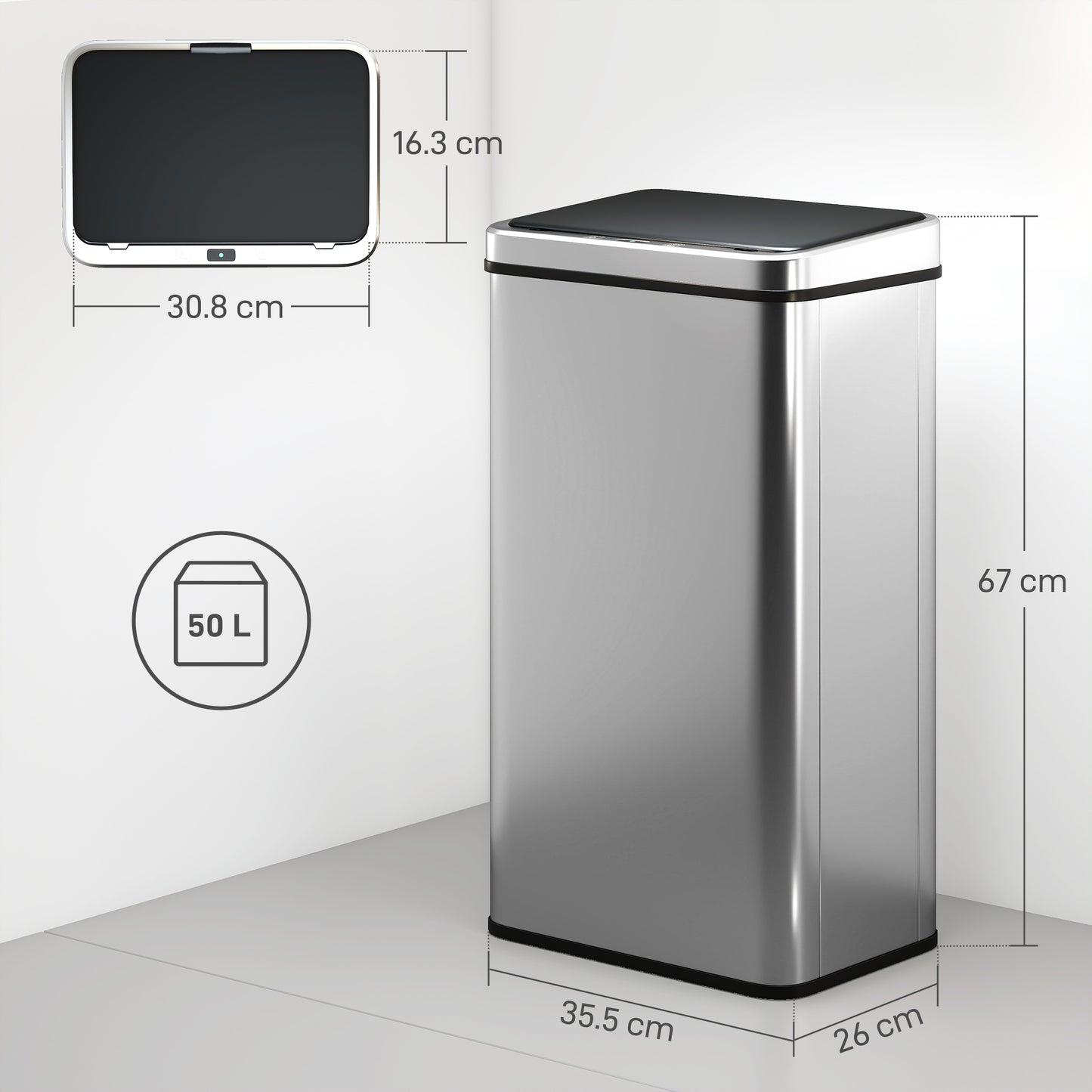 HOMCOM 50L Sensor Bin With Quiet Soft Close Lid Touchless Motion Sensor Stainless Steel Fingerprint Resistant
