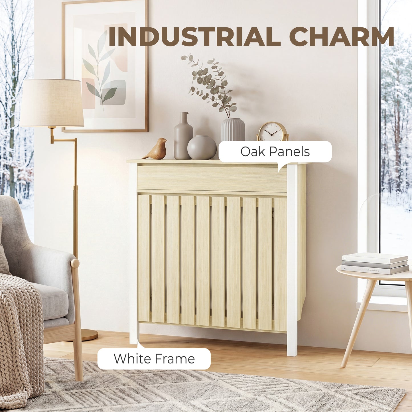 HOMCOM 93 x 88.5 cm Rustic Oak Radiator Cover With White Frame And Slatted Design