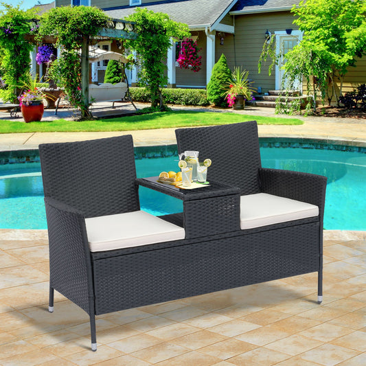 Outsunny Modern Black Rattan Loveseat Set with Cushions & Glass Table for Outdoor Patio - ALL4U RETAILER LTD