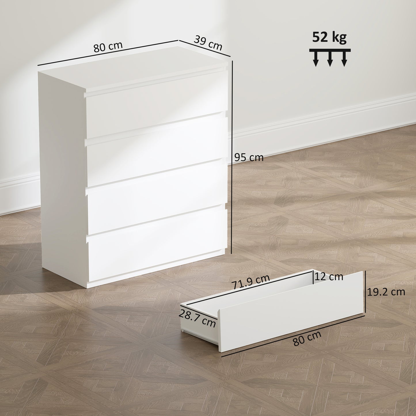 HOMCOM Four Drawer Chest White For Bedroom Storage With Flat Top Display Surface