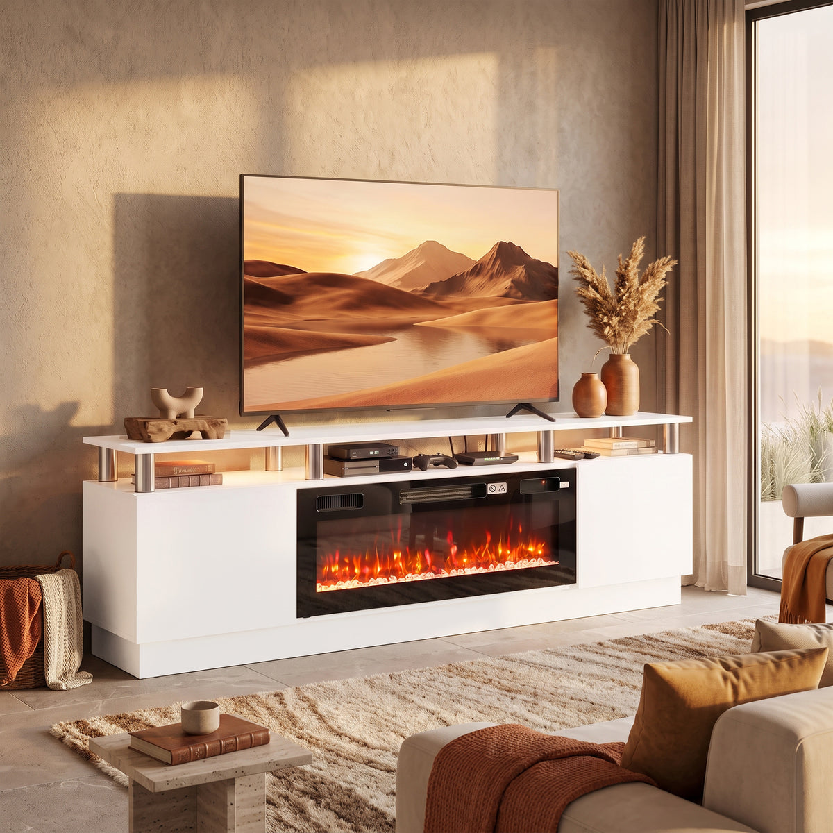 White electric fireplace TV stand with open media shelf, two side cabinets, flame window