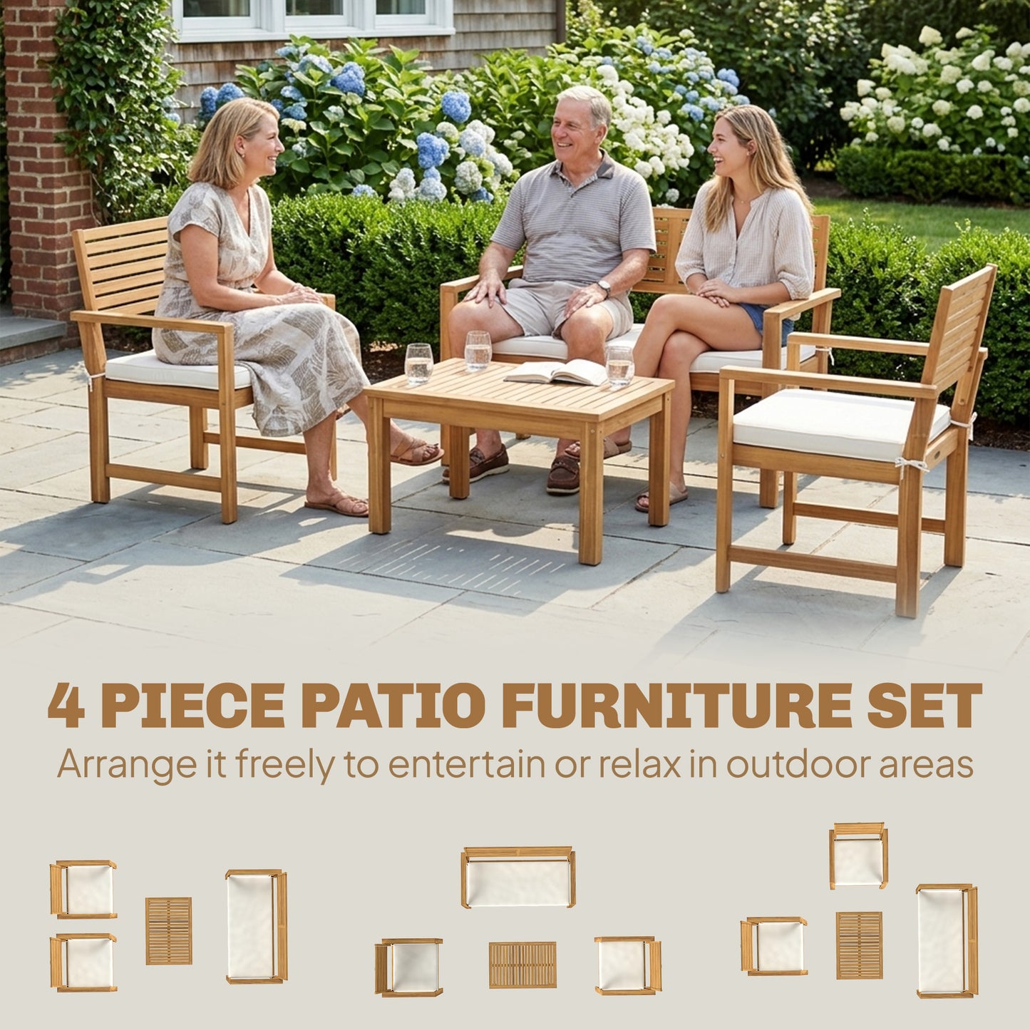 Outsunny 4 Seater Wooden Garden Furniture Set With Loveseat Armchairs And Table In Acacia Wood Cream White