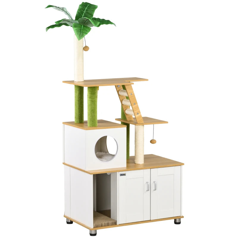 PawHut 2-in-1 Cat Tree Tower with Hidden Litter Box, Green Leaf Design, Oak - House, Ladder, Scratching Posts, Platforms for Indoor Cats - ALL4U RETAILER LTD