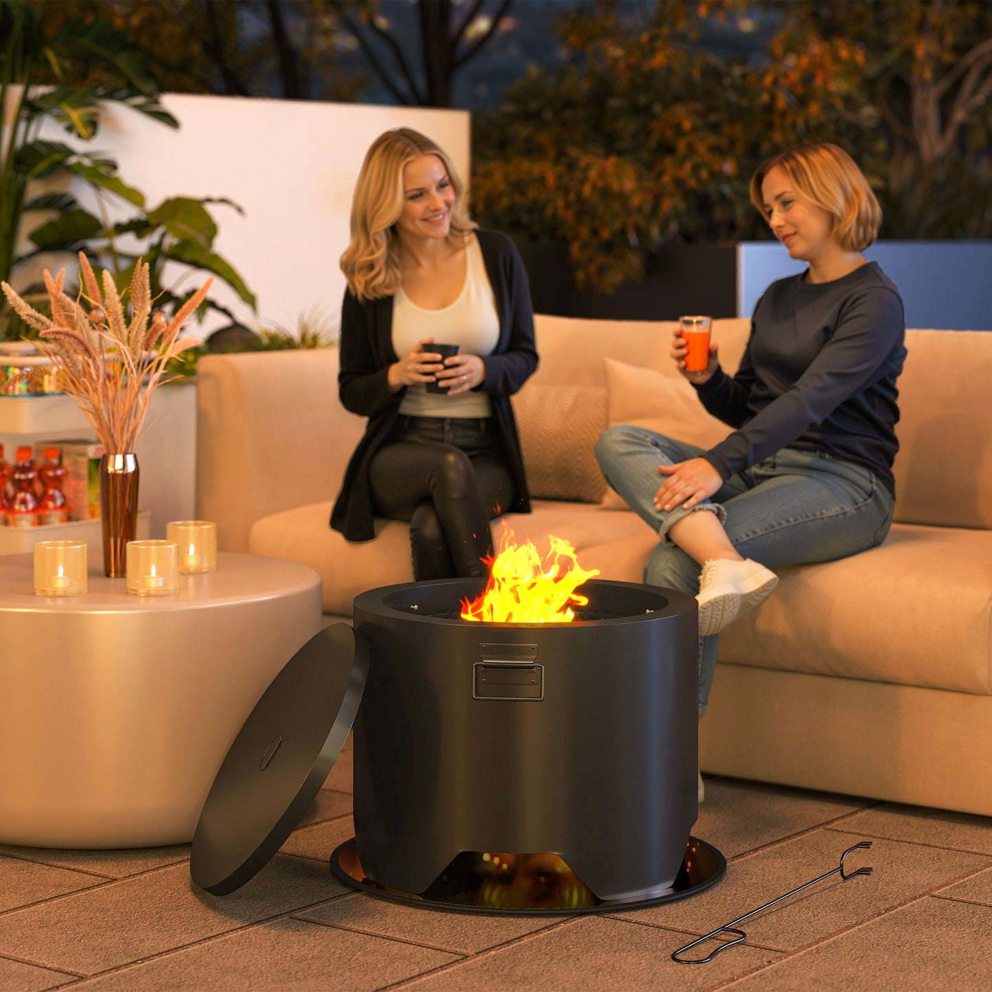 Outsunny Outdoor Round Fire Pit With Lid And Fire Poker In Black For Safe Marshmallow Roasting And Cozy Garden Nights