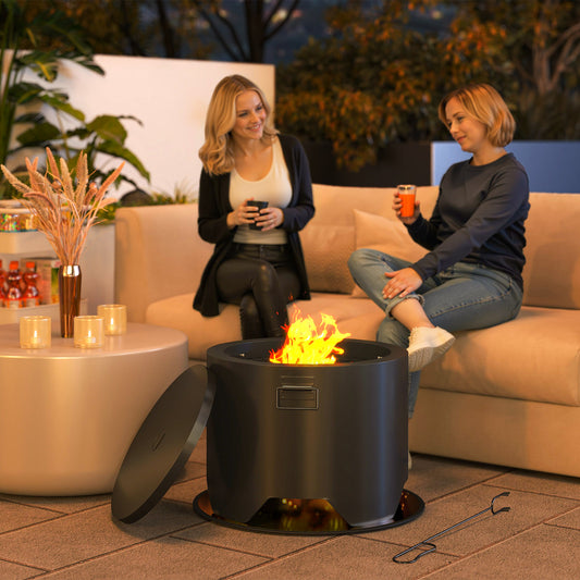 Outsunny Outdoor Round Fire Pit With Lid And Fire Poker In Black For Safe Marshmallow Roasting And Cozy Garden Nights