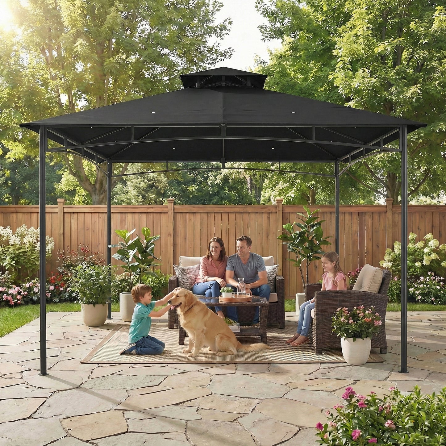 Outsunny 3x3m Gazebo With 2 Tier Roof Weatherproof Waterproof Garden Shade Rust Resistant Metal Frame Black