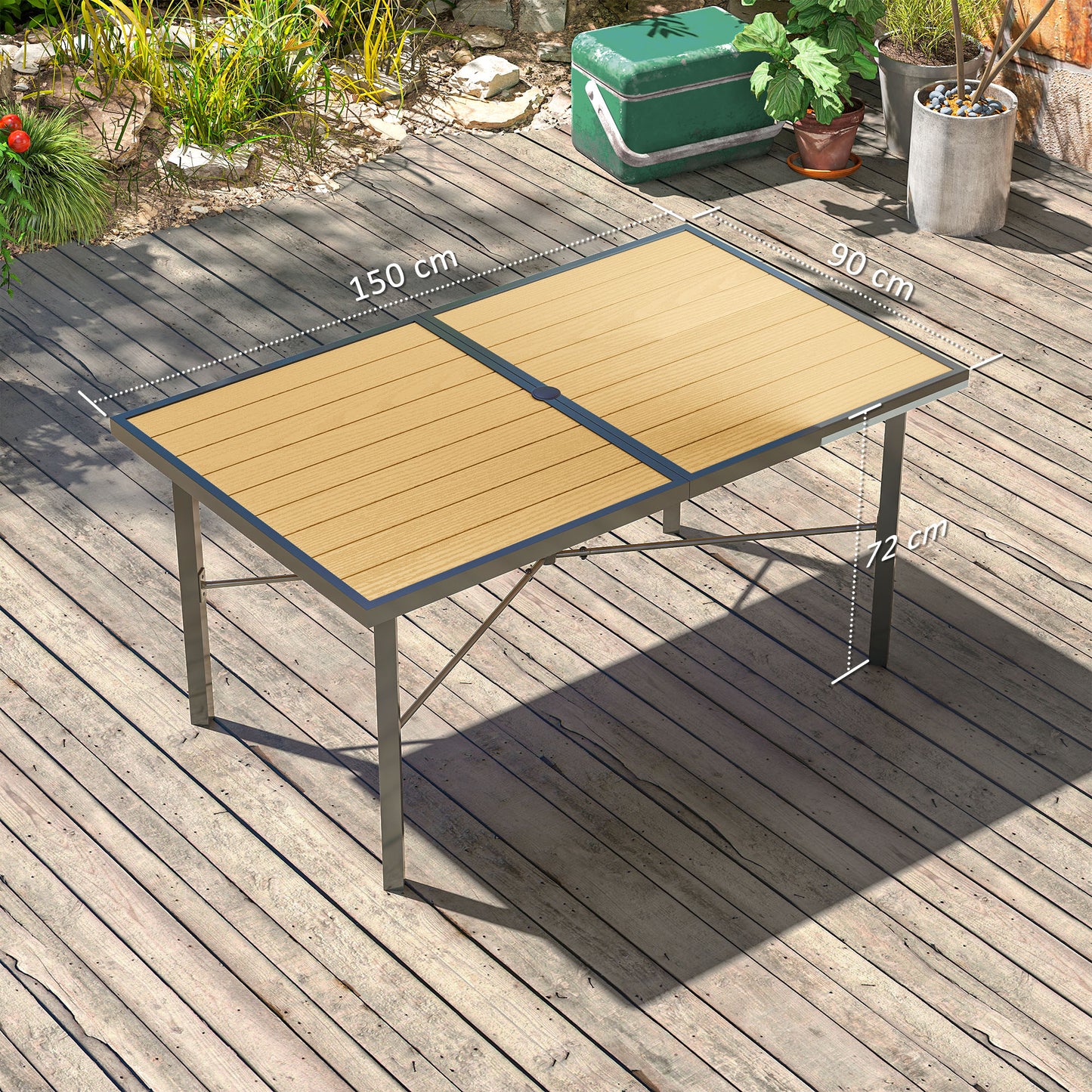 Outsunny 6 Seater Outdoor Dining Table 150 cm With Wood Effect Top Umbrella Hole Rust Resistant Frame Wood Finish