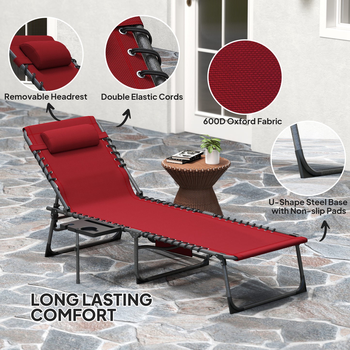 Outsunny Five Position Reclining Sun Lounger in Red With Powder Coated Steel Frame and Removable Pillow