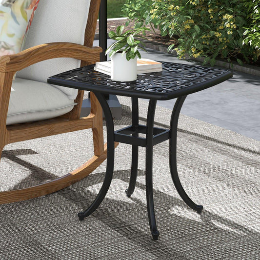 Outsunny Cast Aluminium Bistro Table, Outdoor Square Side Table with Umbrella Hole, Garden Table for Balcony, Poolside, Black - ALL4U RETAILER LTD