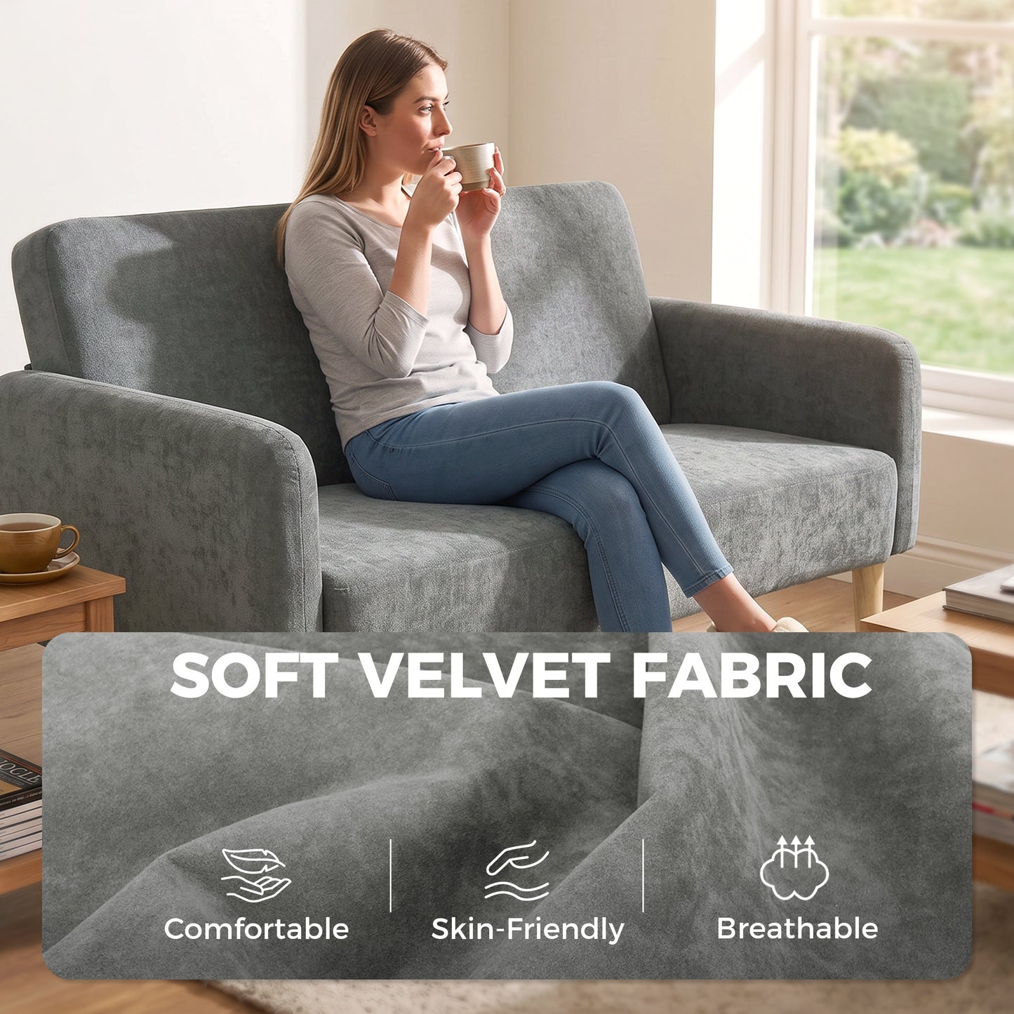 HOMCOM Compact 2 Seater Grey Velvet Sofa With Thick Padding