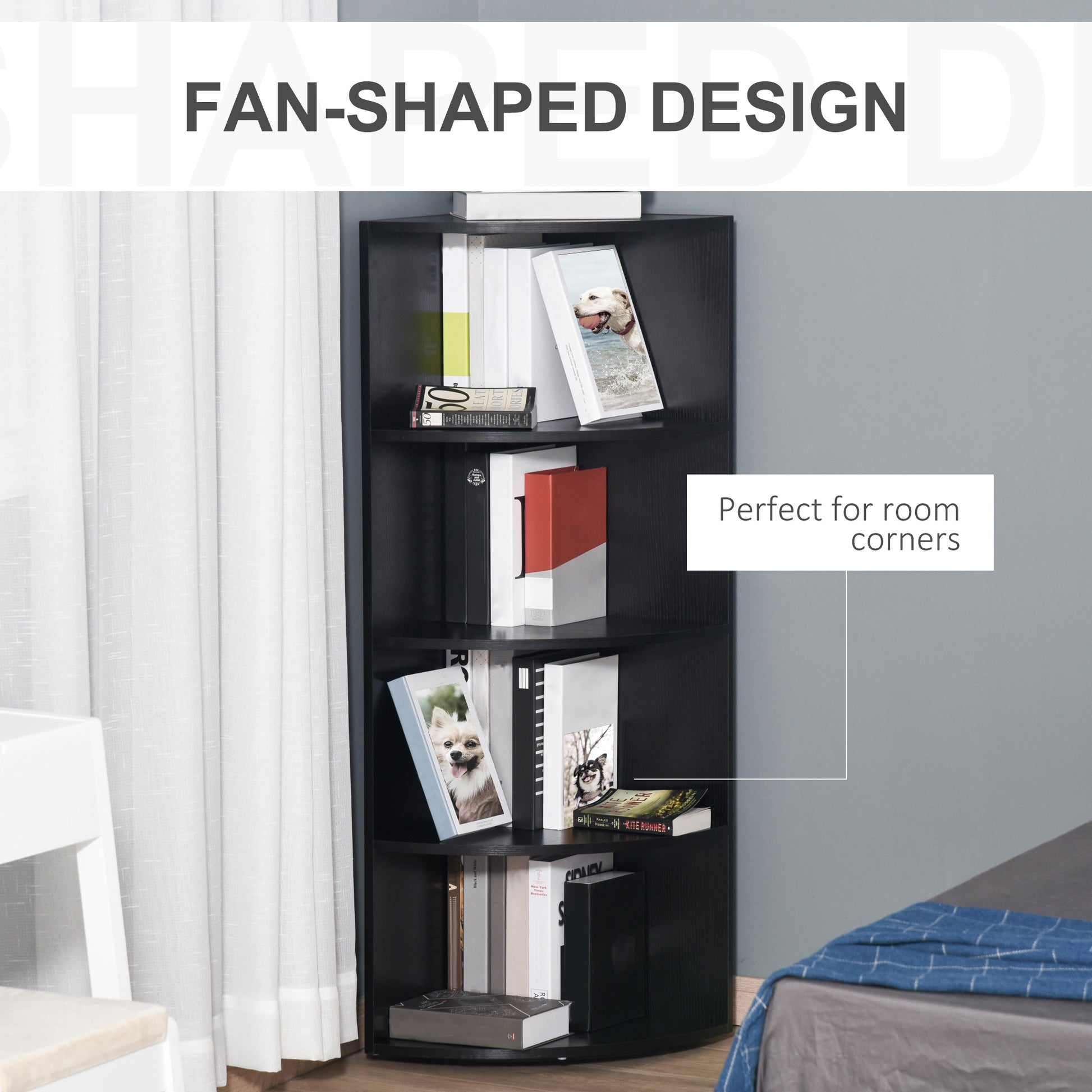 HOMCOM Modern Black 4-Tier Corner Bookshelf with Freestanding Design for Storage and Display - ALL4U RETAILER LTD