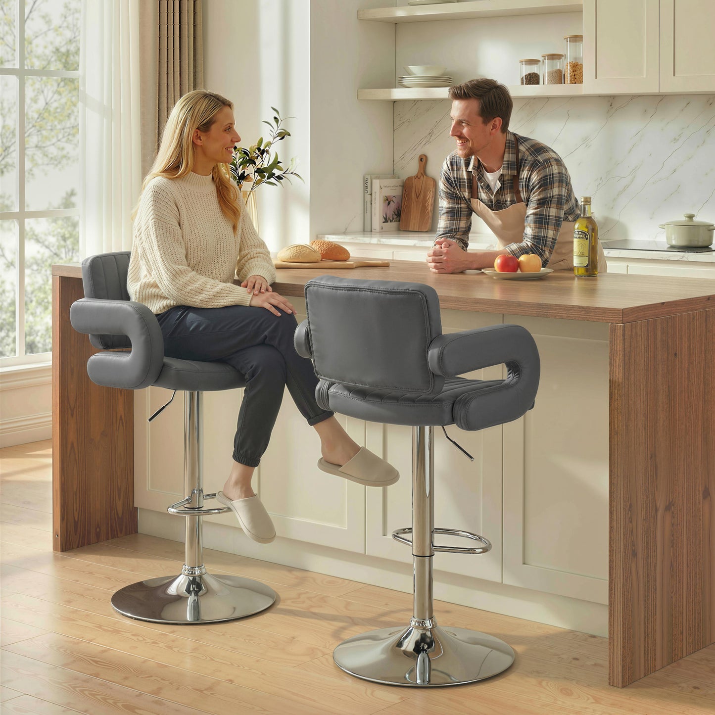 HOMCOM Adjustable Swivel Bar Stools With Backrest And Armrests In PU Leather Grey Set Of 2