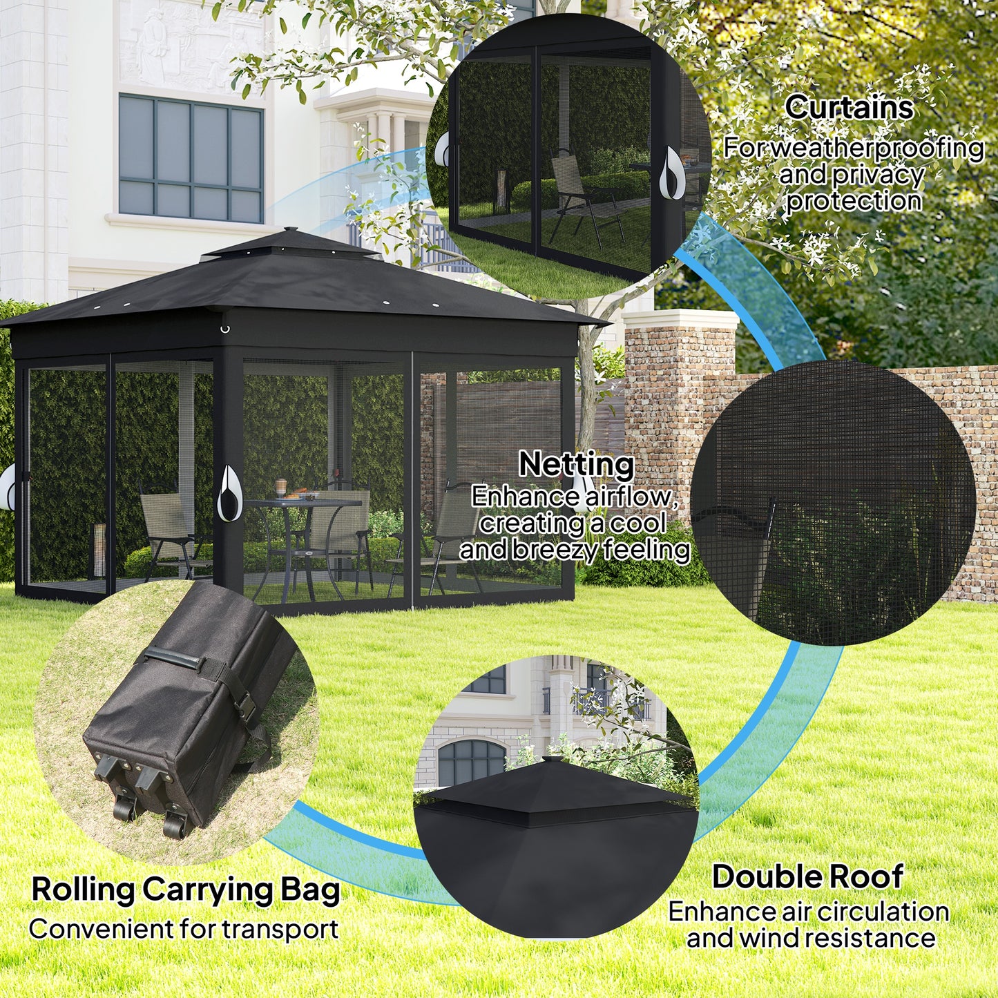 Outsunny 3.36 x 3.36m Pop Up Gazebo With Solar Powered LED Lights Netting Adjustable Height 250 To 270cm Black