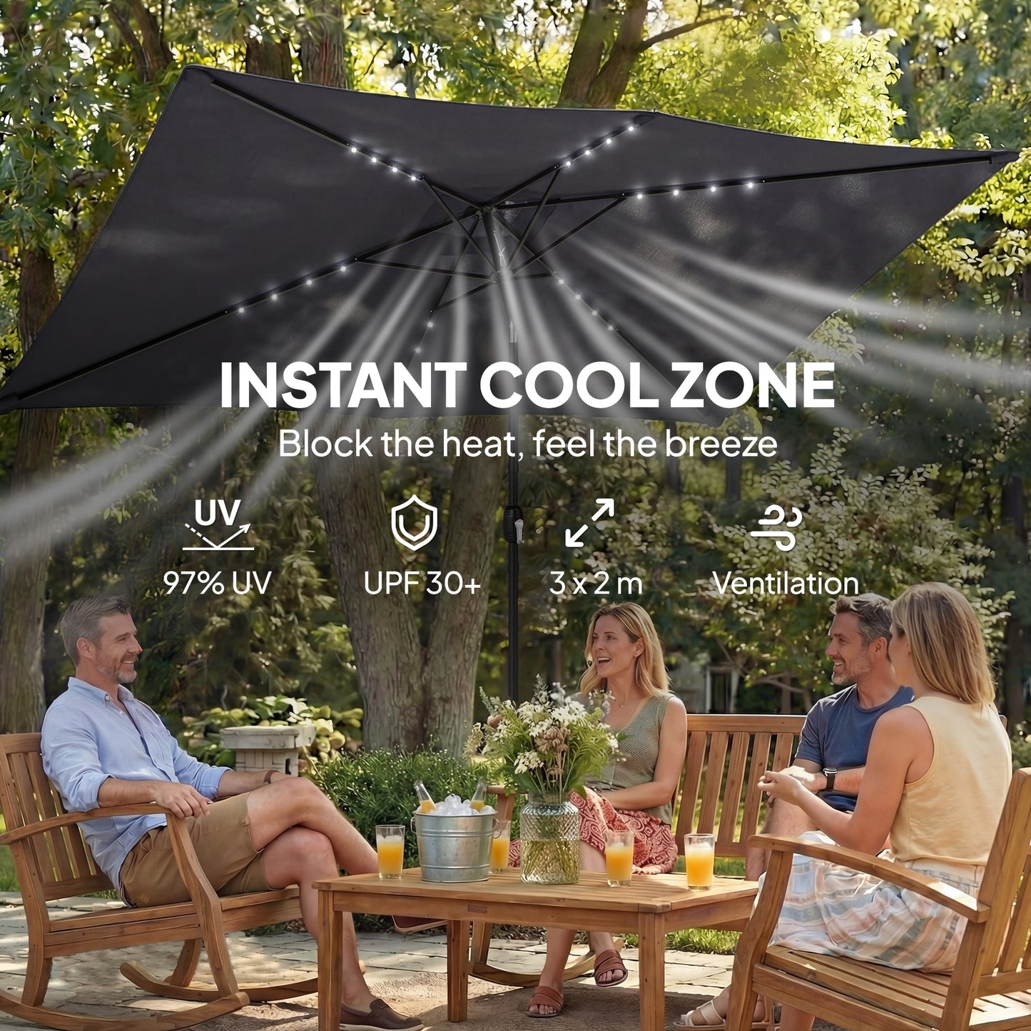 Outsunny 3 x 2 m Garden Parasol Umbrella With LED Solar Light Parasol Cover Outdoor Market Patio Umbrella Black