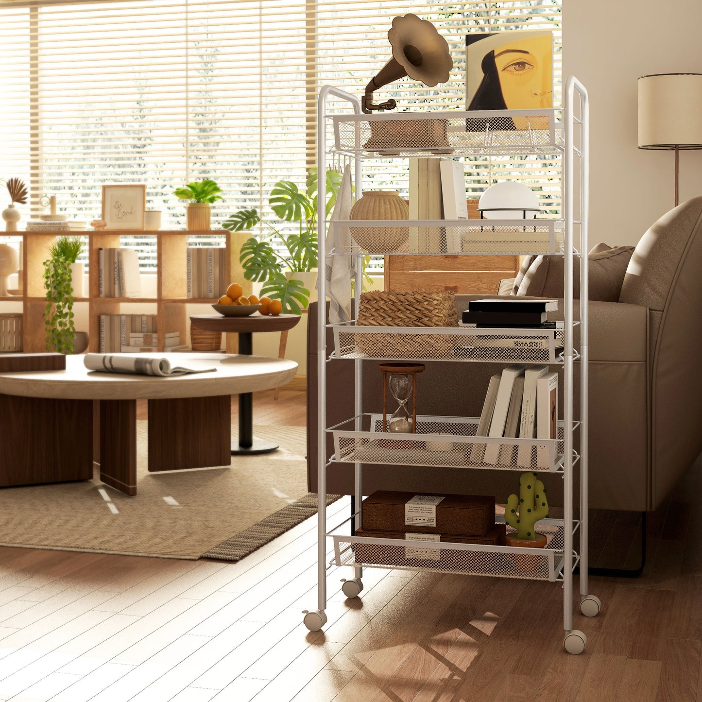 HOMCOM Five Tier Steel Mesh Basket Storage Trolley With Wheels White For Kitchen Home Office Garage And More