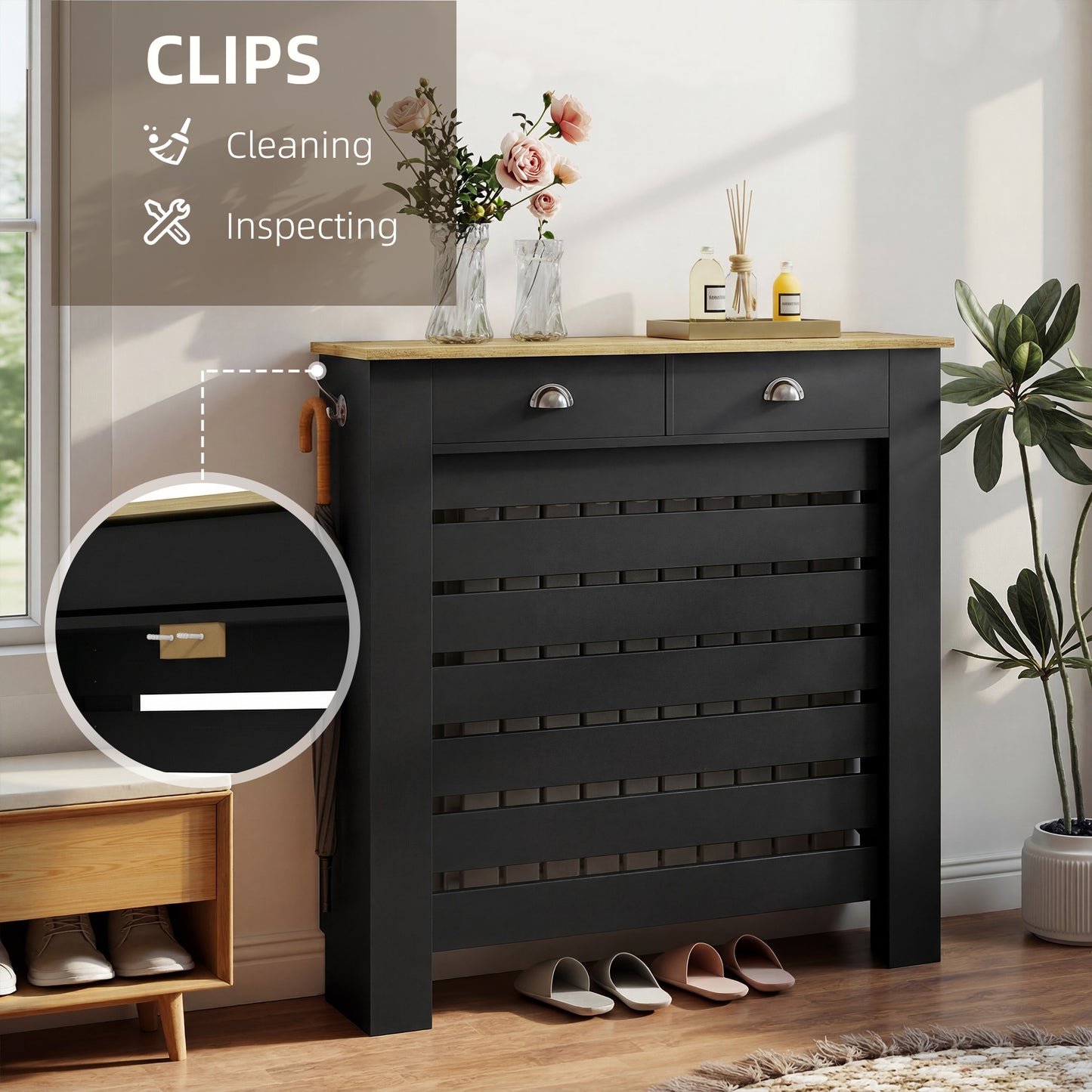HOMCOM Radiator Cover With Drawer Black 95.5H X 111W cm Slim Slatted MDF And Particle Board