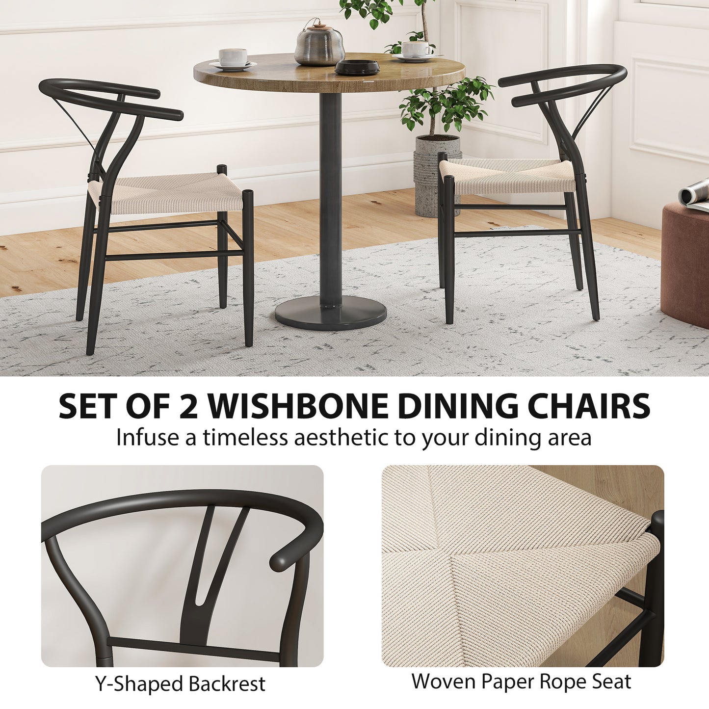 HOMCOM Set Of Two Weave Dining Chairs With Y Shaped Backrest And Hemp Seat Black And Beige