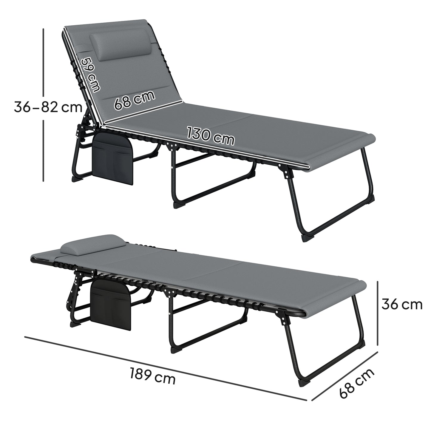Outsunny Reclining Sun Loungers Charcoal Grey Powder Coated Steel With Five Position Adjustable Backs And Side Pockets