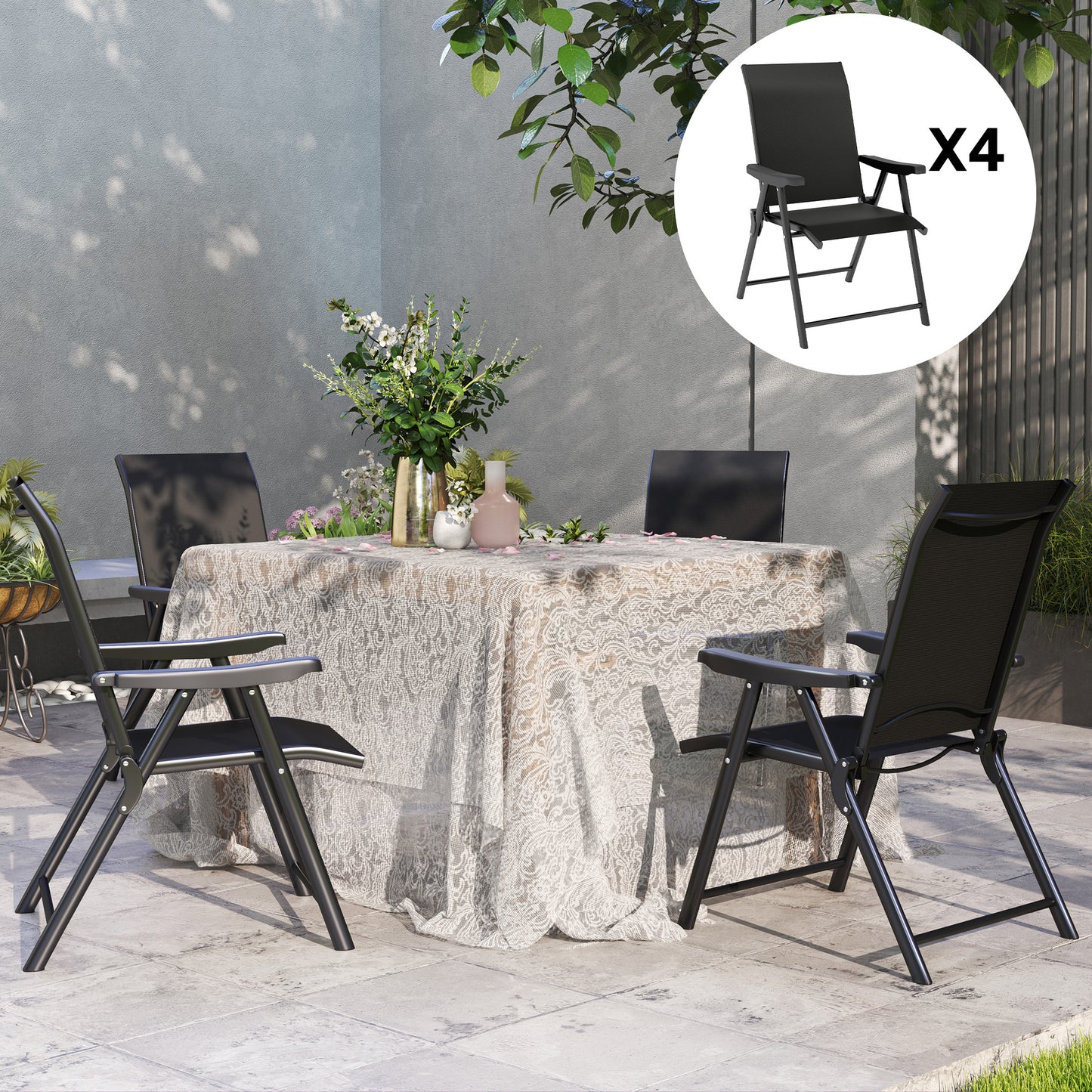 Outsunny Set Of Four Folding Outdoor Chairs Black With 63cm High Backrests And Breathable Mesh Seats