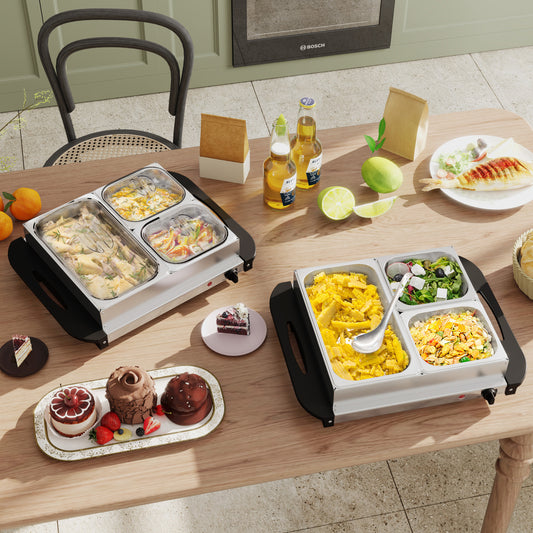 HOMCOM 4.5L Stainless Steel Electric Buffet Server Set of 2 with 3 Trays and Lids Keeps Dishes Warm