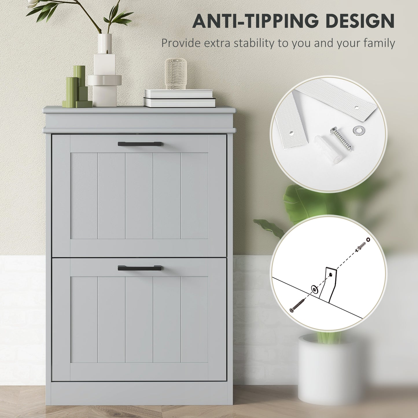 HOMCOM Two Drawer Minimalistic 10 Shoe Cabinet in Grey with Adjustable Shelves for Small Spaces