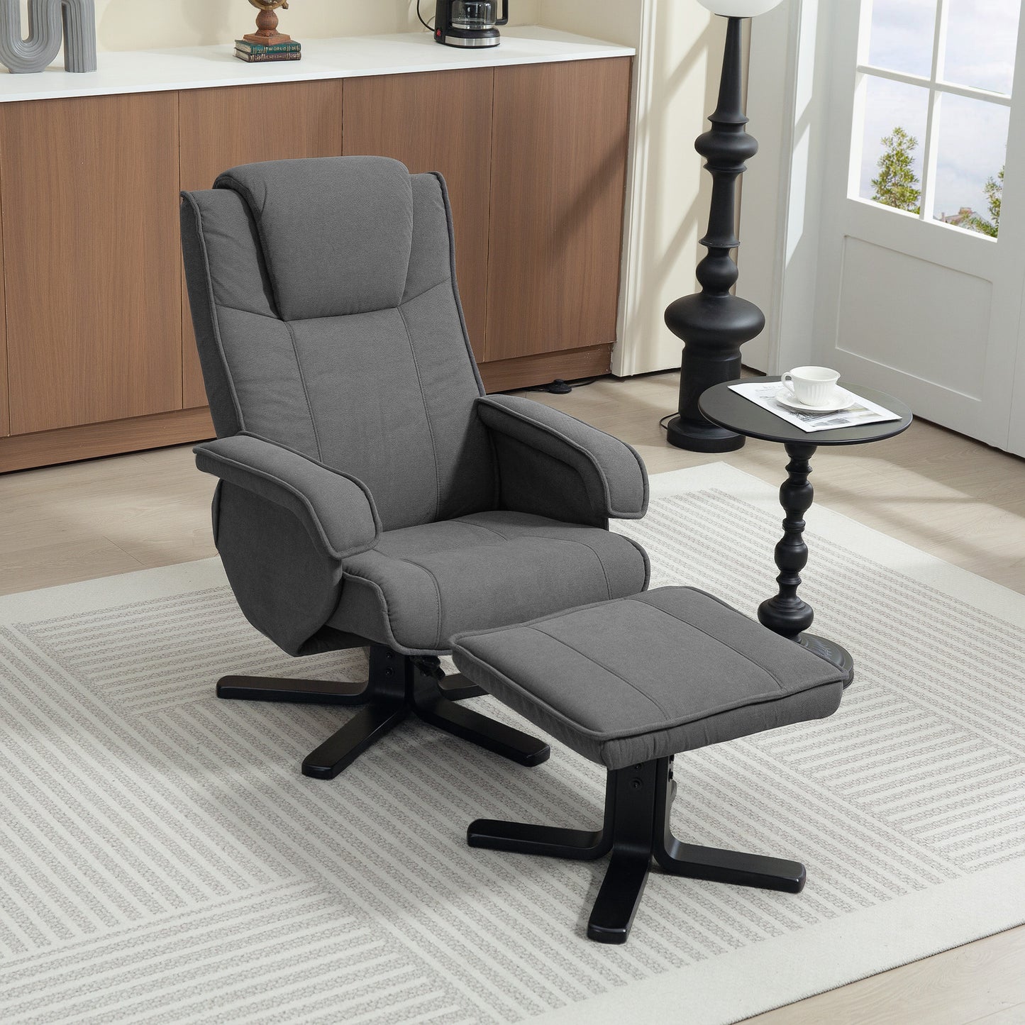 HOMCOM Charcoal Grey Velvet Swivel Recliner Chair With Footstool 135 Degree Recline For Living Room