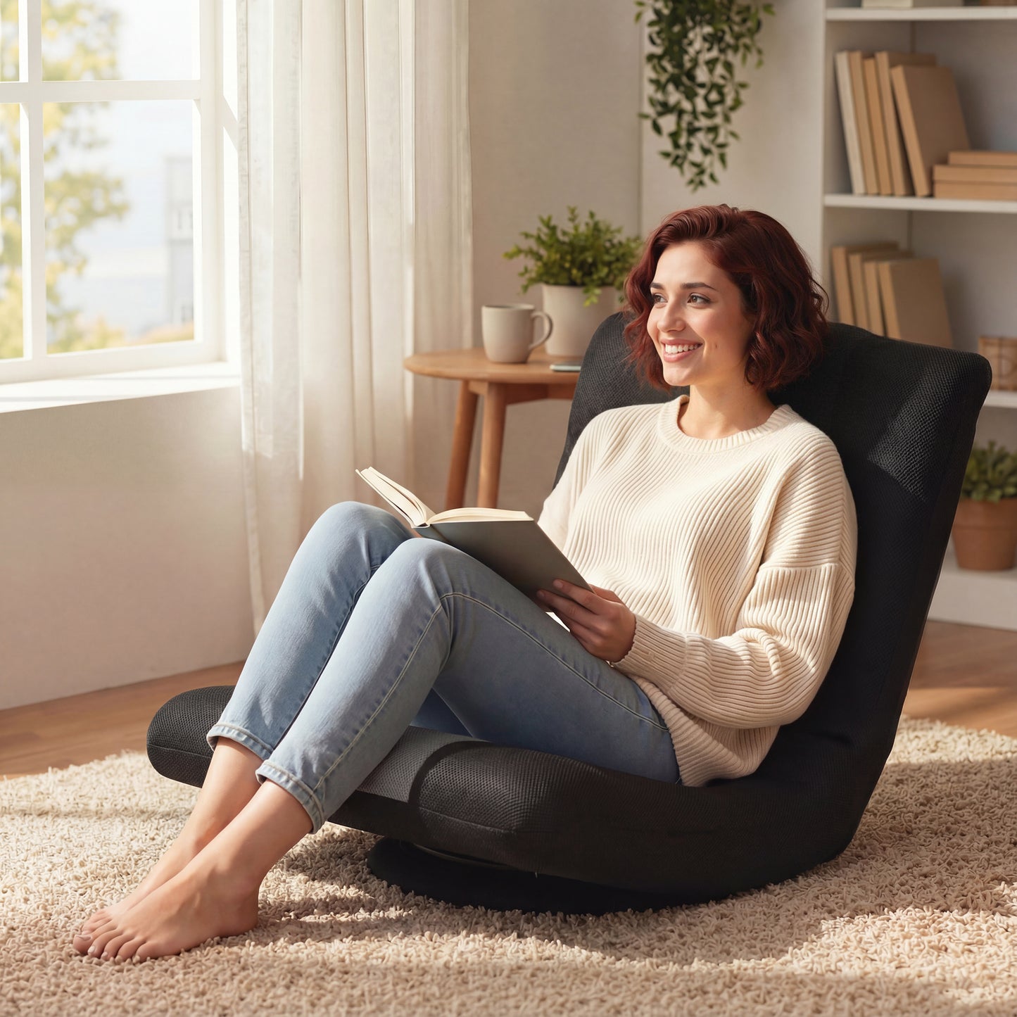 HOMCOM Floor Chair Folding Floor Sofa With Adjustable Backrest Wide Seat And Swivel Base Black