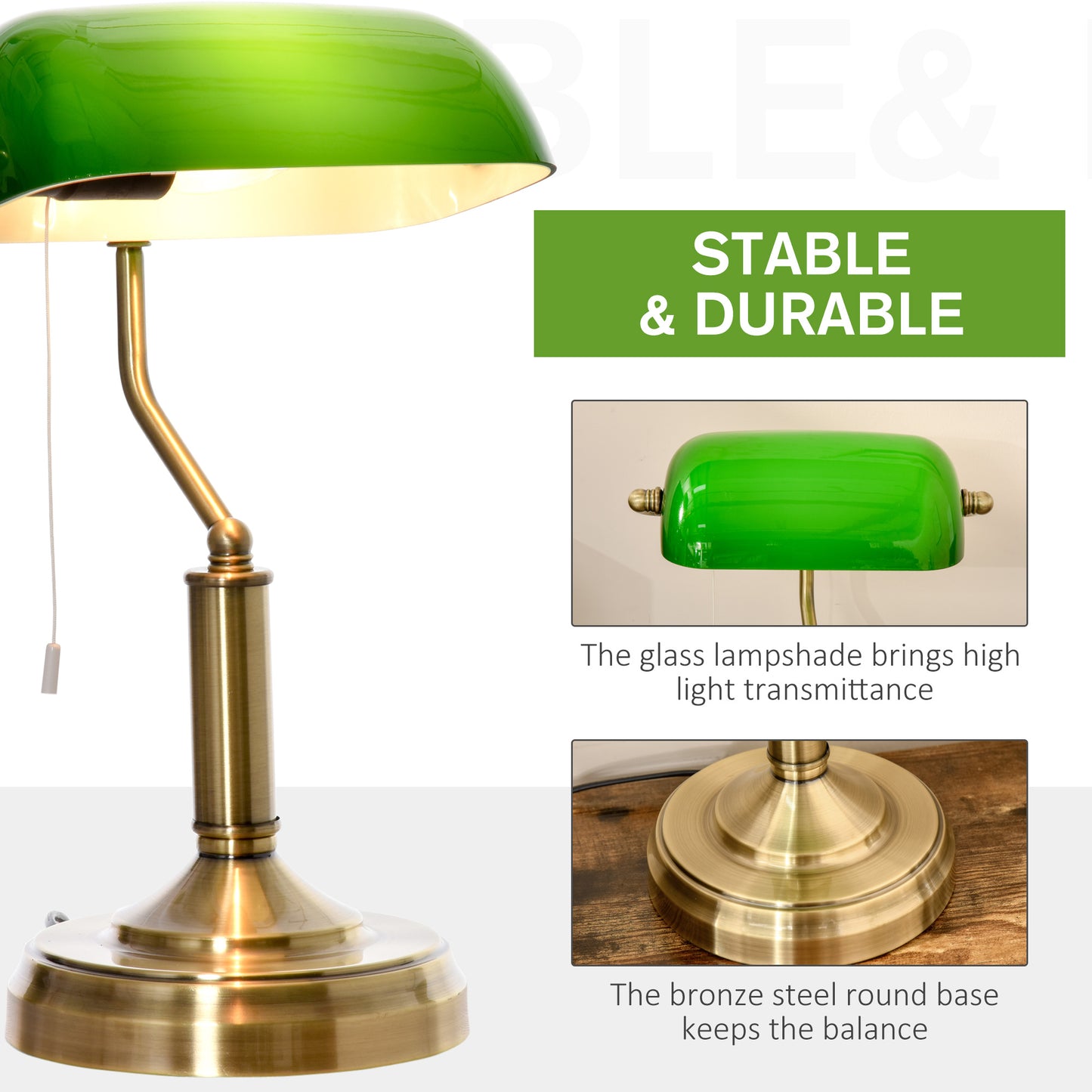 HOMCOM Bankers Table Lamps Set Of 2 With Bronze Base And Green Glass Shades Pull Rope Switch For Living Room
