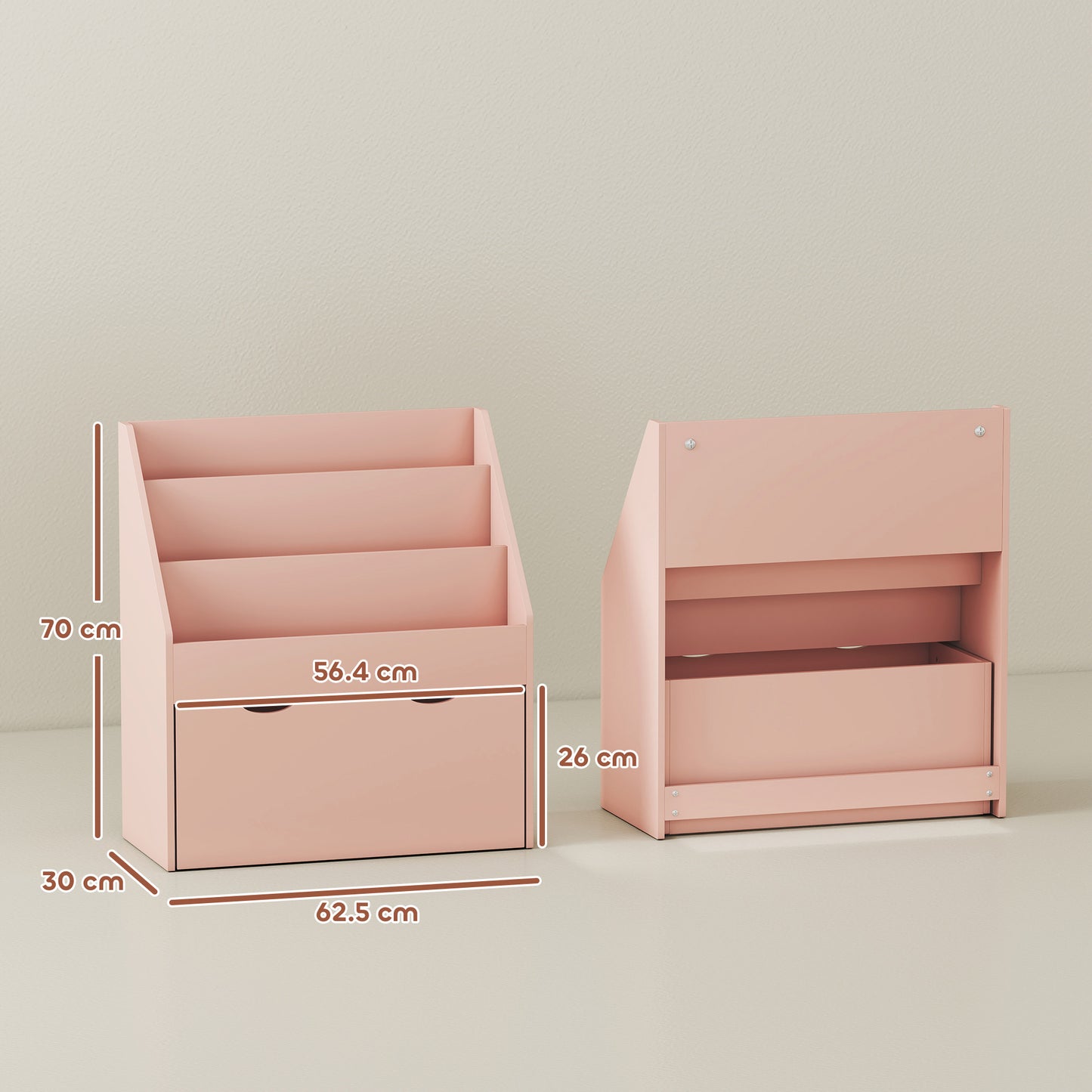 AIYAPLAY Pink Kids Bookcase With Shelves And Drawer On Wheels For Bedroom And Playroom