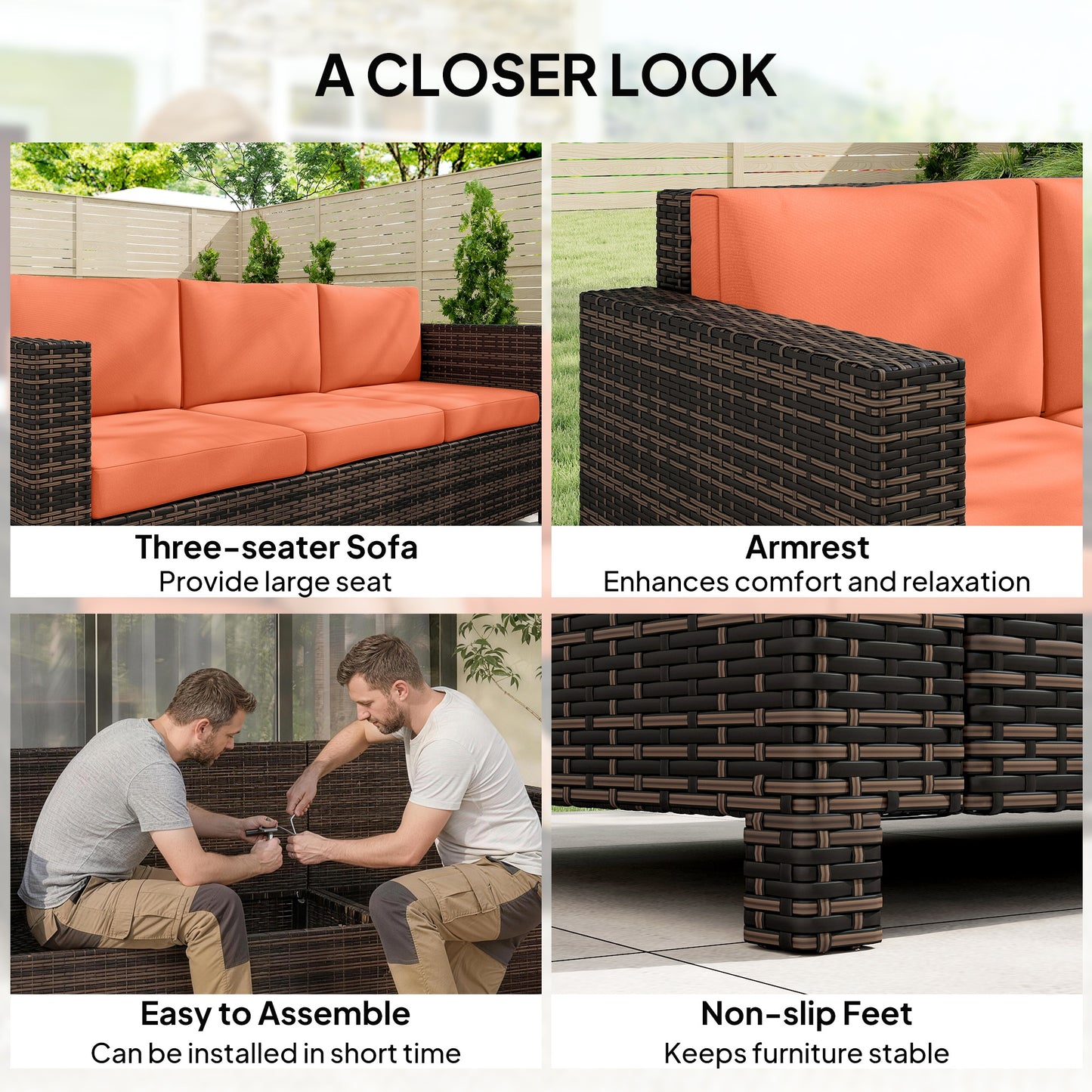 Outsunny 3 Seater Rattan Sofa All Weather Wicker Weave Metal Frame With Fire Resistant Cushions Orange