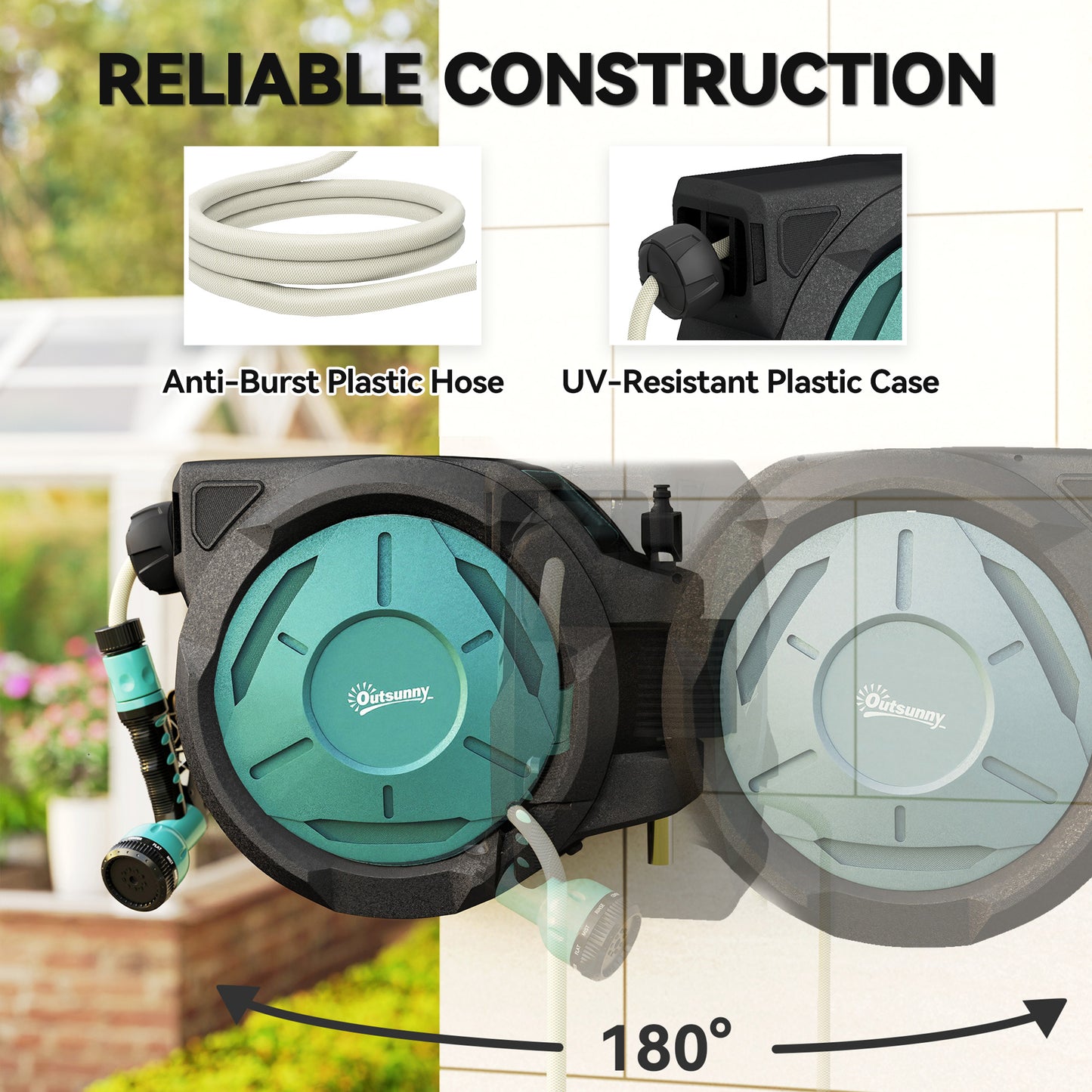 Outsunny Retractable Hose Reel Wall Mounted 20m And 2m Hose With Auto Rewind 180 Degree Swivel 7 In 1 Nozzle Black