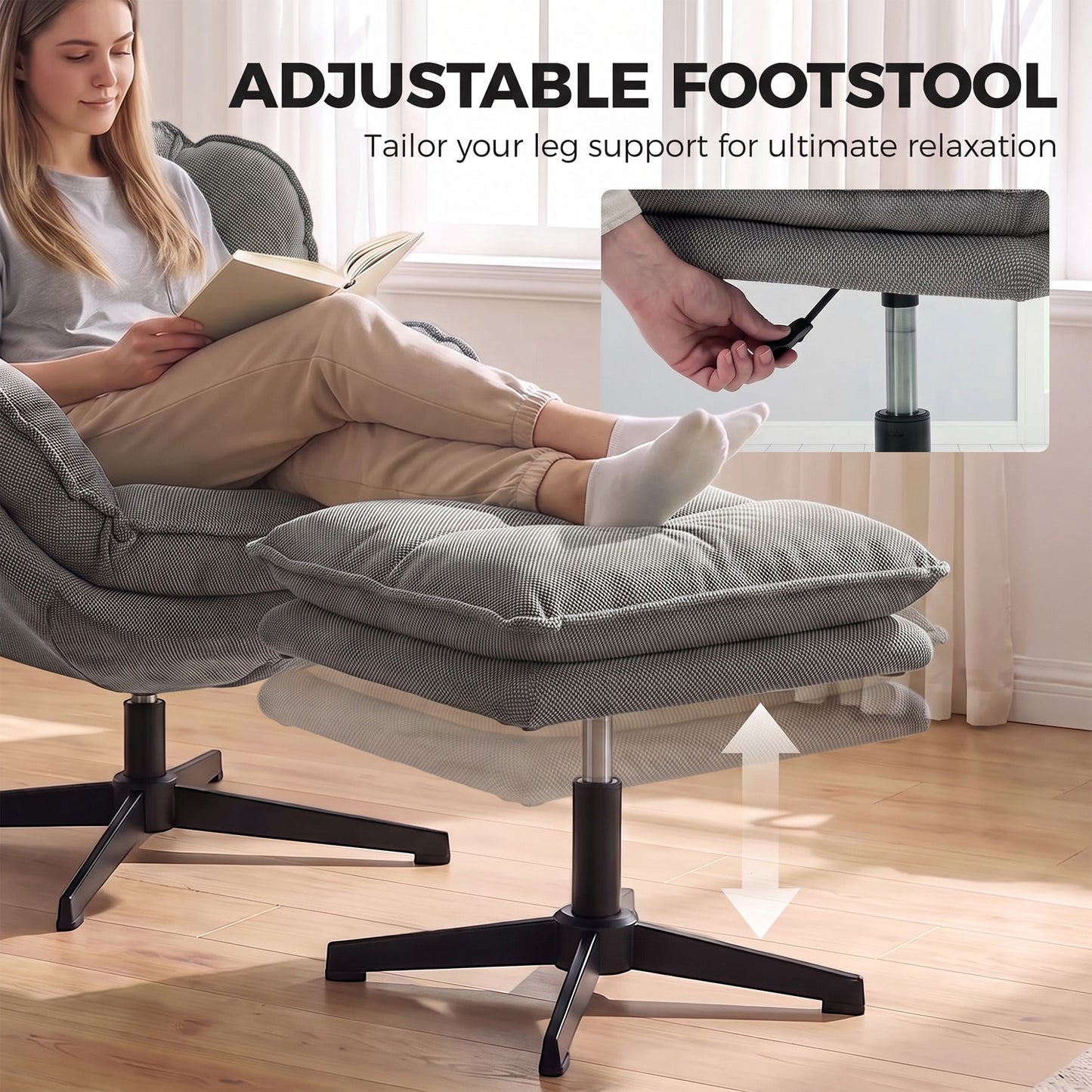 Homcom Grey Swivel Armchair With Adjustable Footstool And Plush Cloud Seat